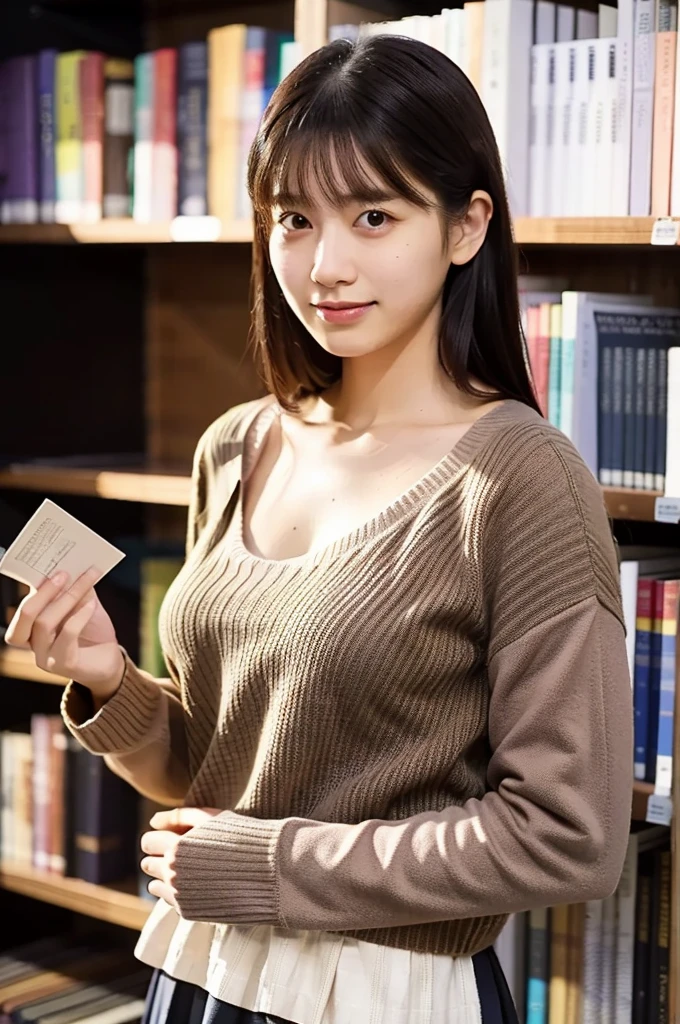 (masterpiece, best quality, perfect anatomy, highres, 8k, realistic, photorealistic, natural skin texture, no makeup:1.2), 1girl, solo, Japanese, age20, female university fashionable student, very cute, standing outside a vintage bookstore, wearing a short skirt, tights, and a knit sweater, (very large breasts outlined by the fitted sweater:1.5), holding a book while gazing thoughtfully at the shop's display, warm sunset glow, jp idol, inugao