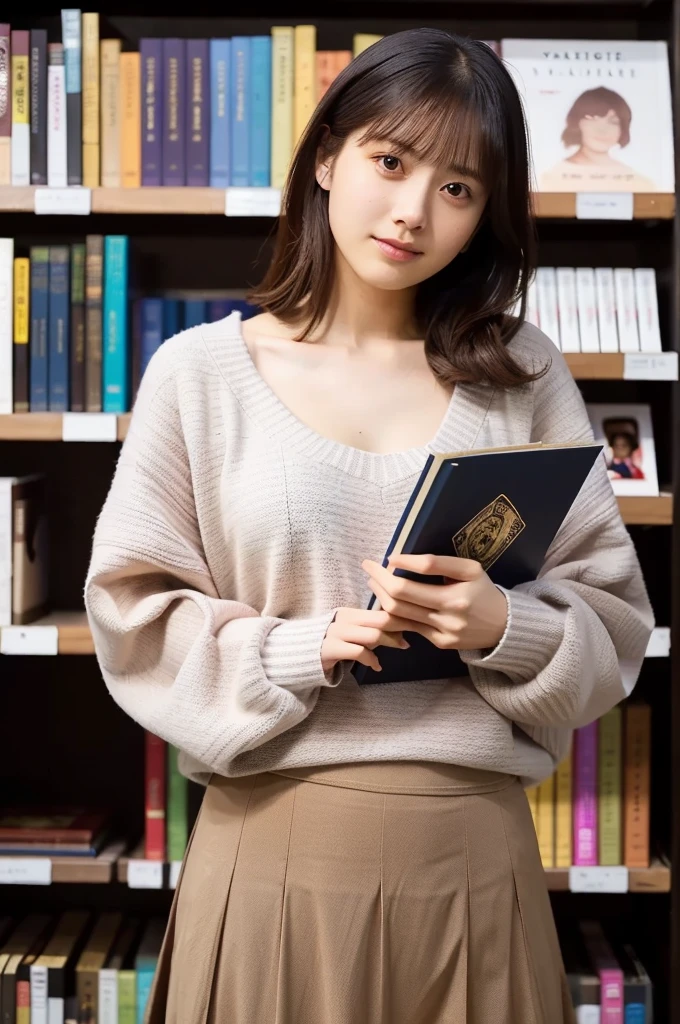 (masterpiece, best quality, perfect anatomy, highres, 8k, realistic, photorealistic, natural skin texture, no makeup:1.2), 1girl, solo, Japanese, age20, female university fashionable student, very cute, standing outside a vintage bookstore, wearing a short skirt, tights, and a knit sweater, (very large breasts outlined by the fitted sweater:1.5), holding a book while gazing thoughtfully at the shop's display, warm sunset glow, jp idol, inugao