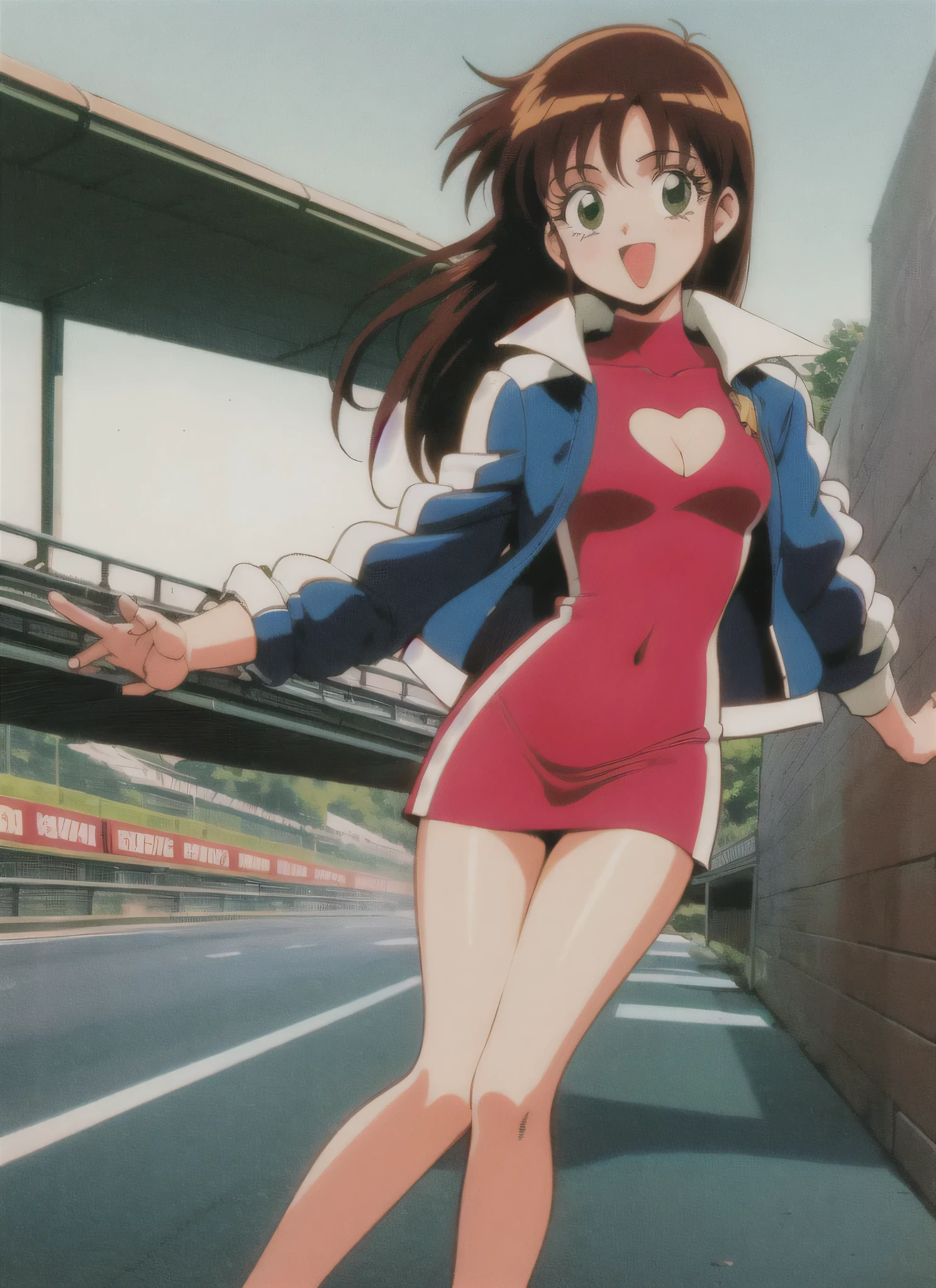 asusugodr, 1girl, solo, heart, hair ornament, green eyes,mini jacket, dress, retro artstyle, open mouth, 1990s (style), looking at viewer, smile, outdoors, sky, cowboy shot, cleavage cutout, race queen