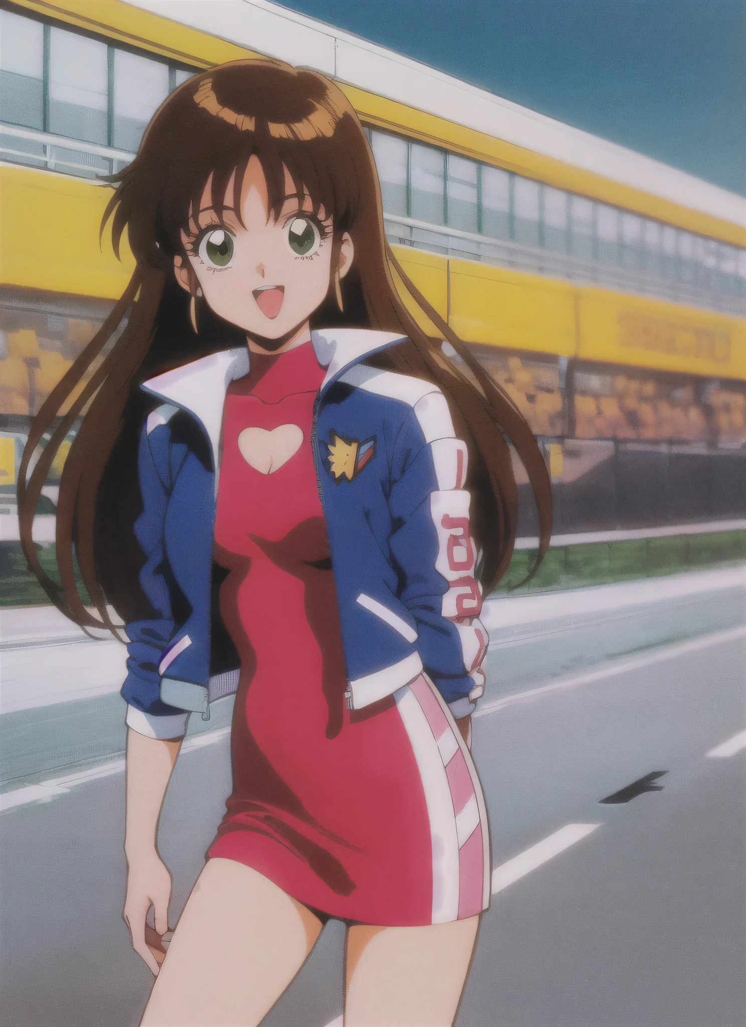 asusugodr, 1girl, solo, heart, hair ornament, green eyes,mini jacket, dress, retro artstyle, open mouth, 1990s (style), looking at viewer, smile, outdoors, sky, cowboy shot, cleavage cutout, race queen