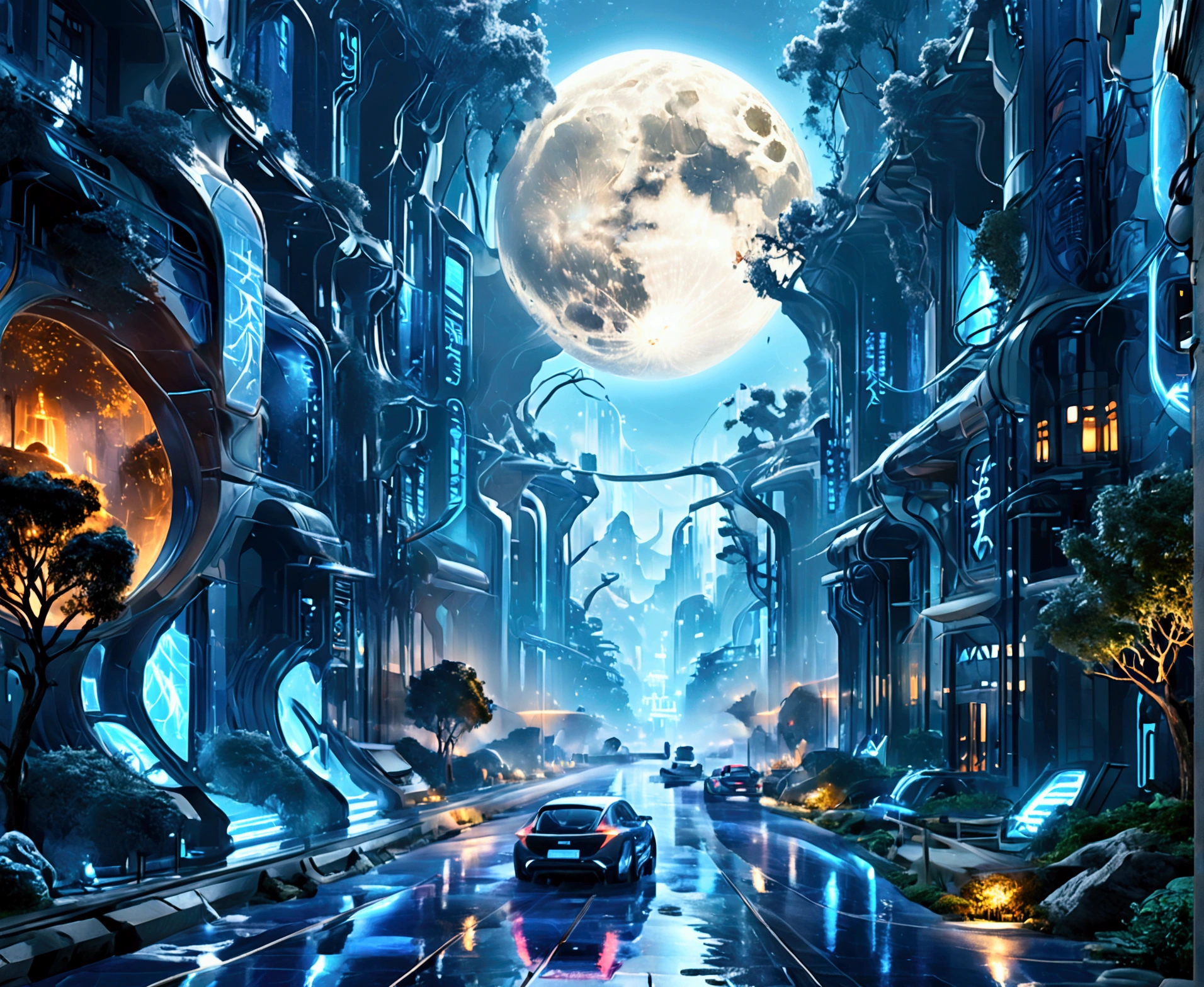 (A futuristic city that takes inspiration from (Tron Legacy and ancient roman architecture)):2, (with lots of electric blue energy lighting paths and buildings):2 and (lots of polished white marble (with aerodynamic shaped skyscrapers):2 everywhere and mirrored glass towers):2, with many flying cars, (beautiful luminous foliage and trees):2, (a stream of what looks like electric blue glowing pure energy flowing down the center of a chasm of towers and a full moon), (blue and silver and white hues):2, maximum detail, absurdres, 8k, 16k, masterpiece, best-quality,