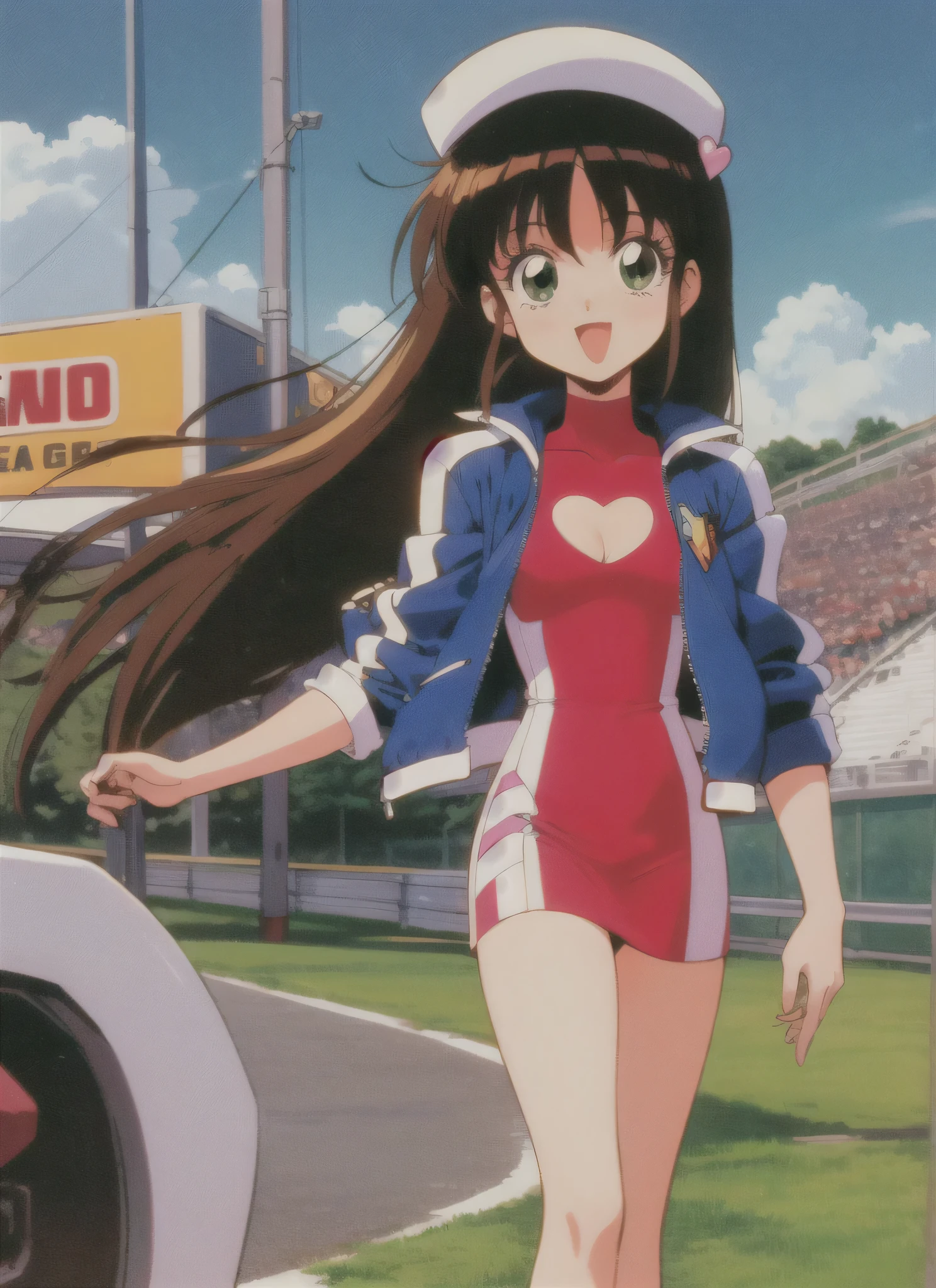 asusugodr, 1girl, solo, heart, hair ornament, green eyes,mini jacket, dress, retro artstyle, open mouth, 1990s (style), looking at viewer, smile, outdoors, sky, cowboy shot, cleavage cutout, race queen