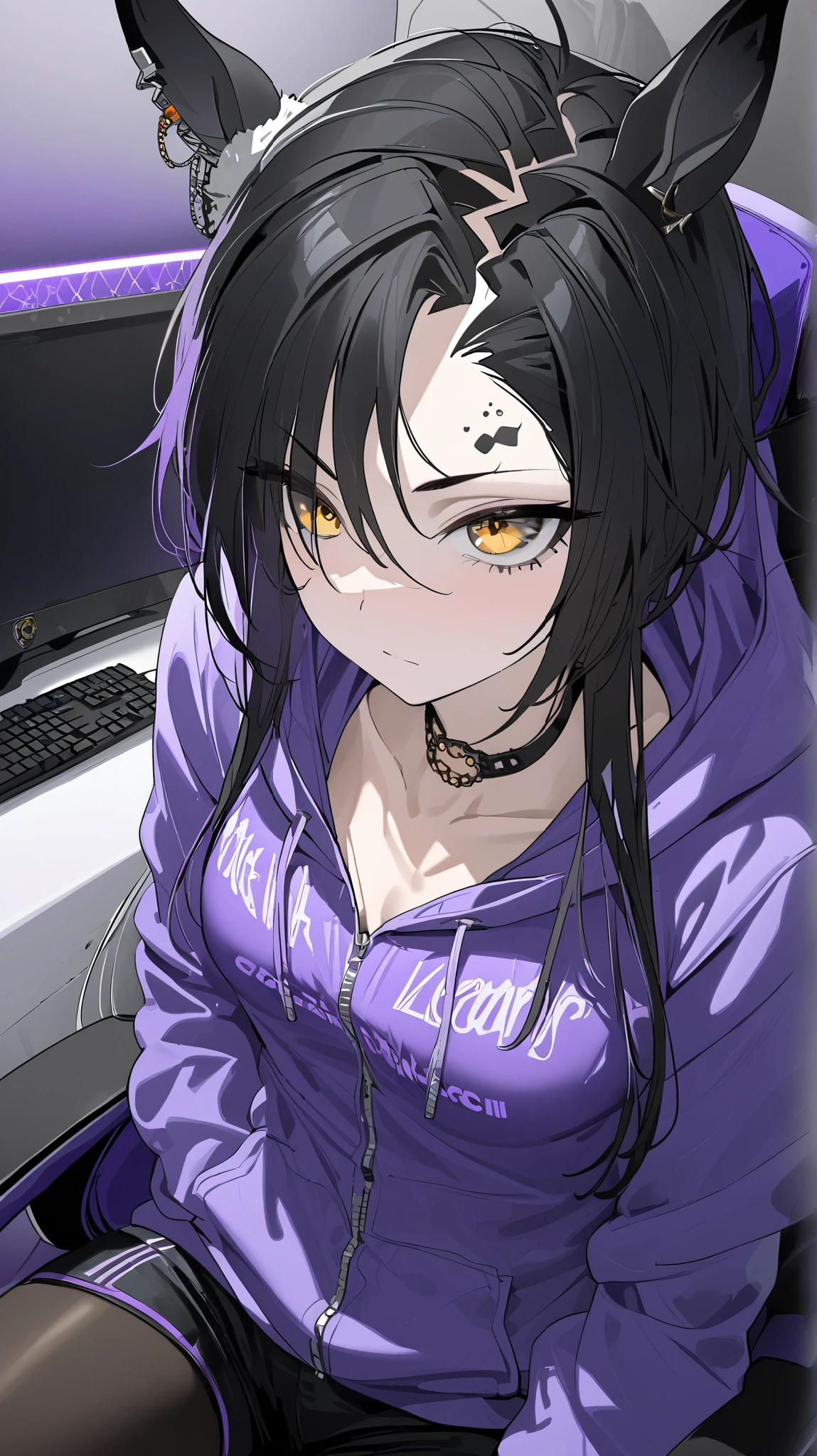  top quality , masterpiece,  High Definition ,   Ultra Fine ,  High Details, accurate, masterpiece, 

 Shakur  \(Horse Girl\),
Her room(Server Room), Gaming Chair, computer ,2 piercings on the left eyebrow ,Late teens( high school girl), mature vibe
Choker , look,Girl in a loungewear ( purple hoodie , Korean-style black shorts ),medium height ,Mature atmosphere, cool women, cool woman , slender , slender body ,adult woman
One girl , Alone, Horse ears,, golden eyes,  beautiful skin in NFSW, flat chest, black hair, closeup ,Golden Eyes, flat chest,Amazing small breasts, poor eyesight , look
 Gaming Chairに座る,Put your hands in the hoodie ,I'm sitting on a gaming chair with my hands in my pockets,Let her zoom ,A little glare, high angle, Angle from Above,Angle where you can see the gap between her breasts
collarbone