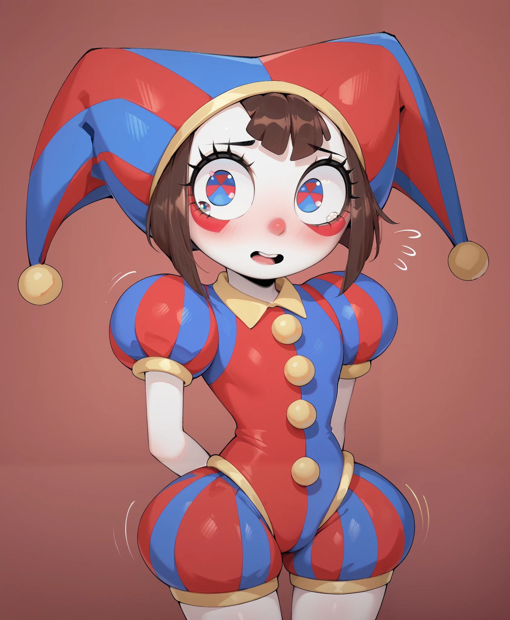 ((pomni)), ((the amazing digital circus)), ((masterpiece)), ((high resolution)), ((cartoon style)), ((solo portrait)), {(petite figure), (eccentuated curves), (white skin), (cute eyes), (short eyelashes), (short brown hair), (nervous look)}, {(jester costume), (mismatch red and blue gloves)}, {(standing), (looking at viewer)}, ((cartoon circus))