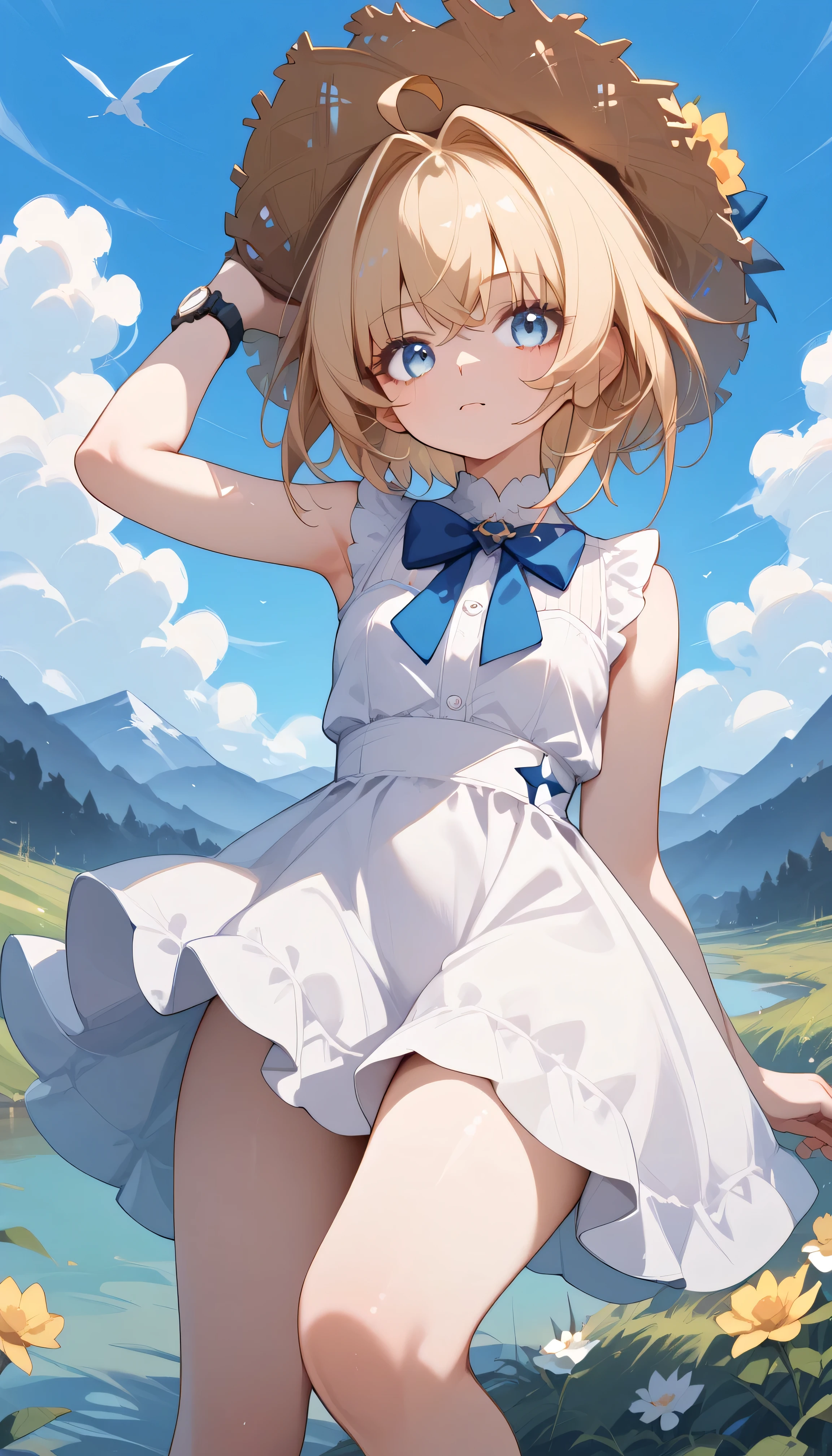 smooth_anime,  lynxlandau , Alone, blonde hair, short hair, ahoge, blue eyes,  One girl , Alone,  can see her eyebrows through her hair,  hair on the back of the foot ,  Watch viewers,  top quality , very aesthetic, thick thighs,　 white dress　 sleeveless 　 Straw Hat 　grassland　blue sky　lake　field　Fields and mountains　summer　sit