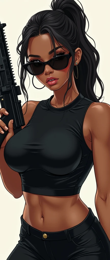 mulher guerreira, sexy , vestida de couro preto, With guns in hand. High-resolution imagery, e pintura perfeita. Cores de fundo neon, perfeitamente opacas, corpos bem delineados, mulheres muito bonitas, perfect image resolution. arma mais a ver- se na imagem, cores de fundo estilo synthwave, a pele da mulher dev ser o mais realista possivel.