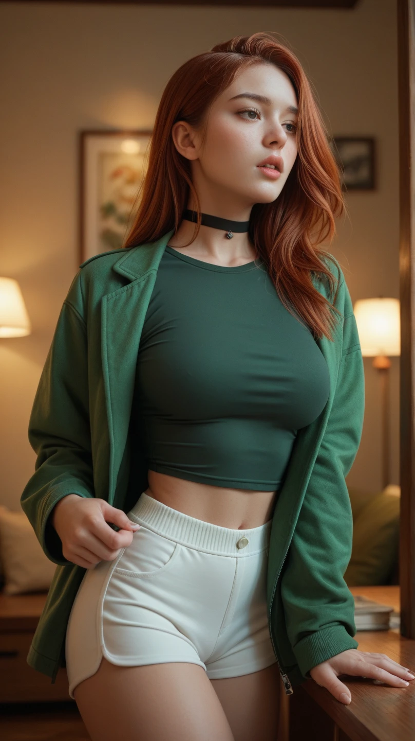 British woman, ankle-length red hair, green eyes, unbuttoned white baggy shirt unbuttoned to show breasts, skirt, breasts popping out of shirt, thigh-high high heeled boots, standing