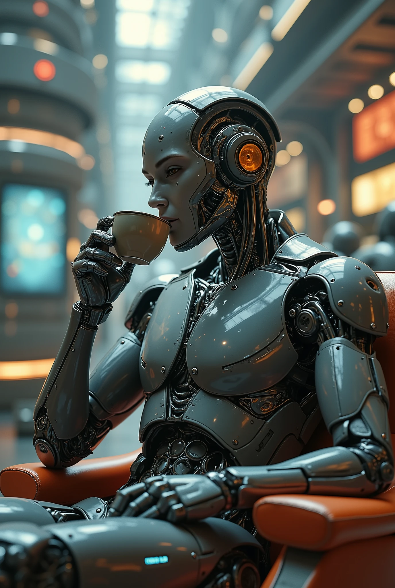 photo realistic,Robot sitting in a chair drinking coffee, society ), society 9, trk,Cyborg movie still, Arita Photos, high definition society, Cyborg Villain movie still, society uhd highly detailed 4k, cyborg movie pictures, Cool stills, Cybernetic, highly sophisticated cyborg  