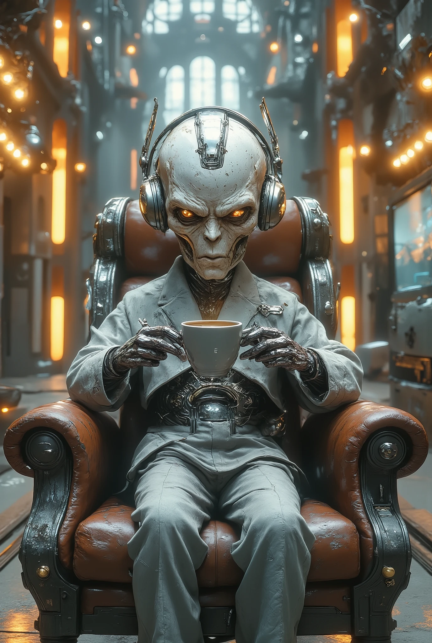 photo realistic,Robot sitting in a chair drinking coffee, society ), society 9, trk,Cyborg movie still, Arita Photos, high definition society, Cyborg Villain movie still, society uhd highly detailed 4k, cyborg movie pictures, Cool stills, Cybernetic, highly sophisticated cyborg  