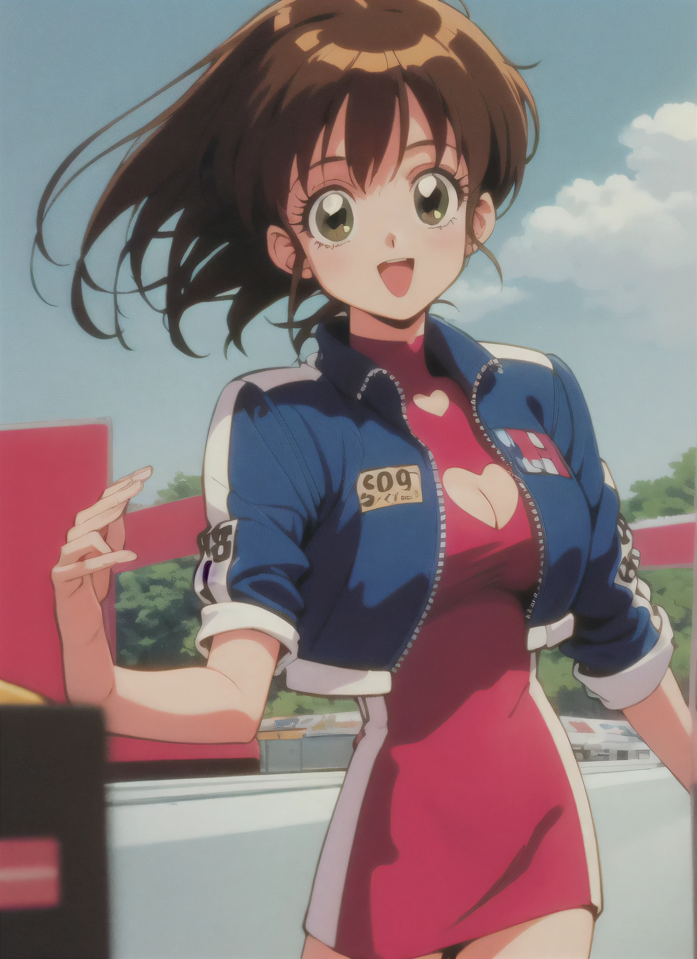 asusugodr, 1girl, solo, heart, hair ornament, green eyes,mini jacket, dress, retro artstyle, open mouth, 1990s (style), looking at viewer, smile, outdoors, sky, cowboy shot, cleavage cutout, race queen