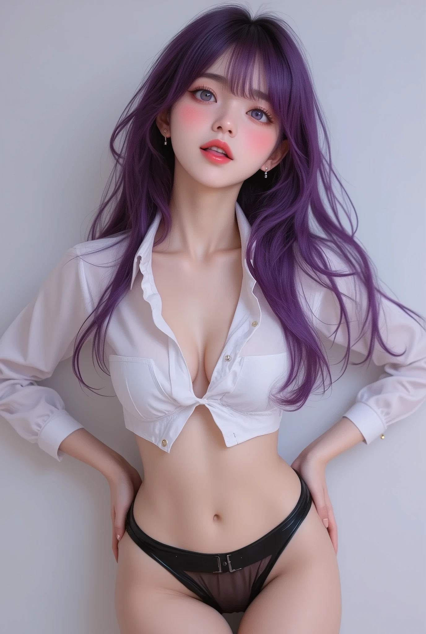 photo realistic,1girl, Long Hair, bangs, (Purple eyes:1.1), Purple Hair, Side Lock, blunt bangs, (Bright Eyes:1.5), Half Up,Big breast,BREAK, 
((masterpiece, best quality:1.3)), ultra detailed, 1young adult,((young adult face:1.2)) , ahegao, tongue out, Spittle,(petite body:1.4),(thin waist:1.5), ((white shirt with a wide neckline )),((black school mini skirt )),(cleavage:1.5),(accessories, makeup pink,earrings),lift skirt, pink panties, looking at viewer, facing the viewer,full-face blush , full body,