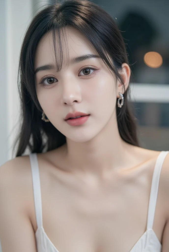 Thai Korean stepdaughter, : 20 years old, bright white skin, beautiful slender face, sharp eyes like the moon in the night, long black hair, but airy, tall, slender waist.