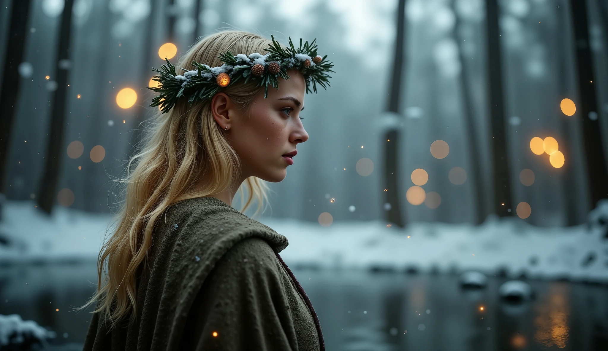 An award-winning 70s-style analog photograph of a stunning female winter forest druid emerging gracefully from a partially frozen pond during the winter solstice. She wears a flowing cloak of frosted evergreen branches and icicles, with an intricate headdress of woven branches, mistletoe, and snow-dusted pinecones framing her serene face. Her long, wet hair glistens with frost and drifting snowflakes, caught mid-motion by the frigid breeze. Delicate silver and blue markings adorn her skin, glowing faintly with a mystical energy.

The surrounding forest is a serene winter wonderland of snow-covered trees and a glassy pond reflecting the cool blues, silvers, and whites of the season. Snowflakes swirl in the air, illuminated by soft god rays breaking through a heavy, clouded sky. Subtle mist rises from the water, enhancing the ethereal beauty, while the soft golden-silver light of the low winter sun creates a tranquil contrast with the icy tones.

The image features the distinct grainy texture of 70s analog photography, balancing nostalgic warmth with the mystical beauty of the druid and the winter solstice forest. The composition highlights the druid's graceful, otherworldly presence amid the still, enchanted landscape.