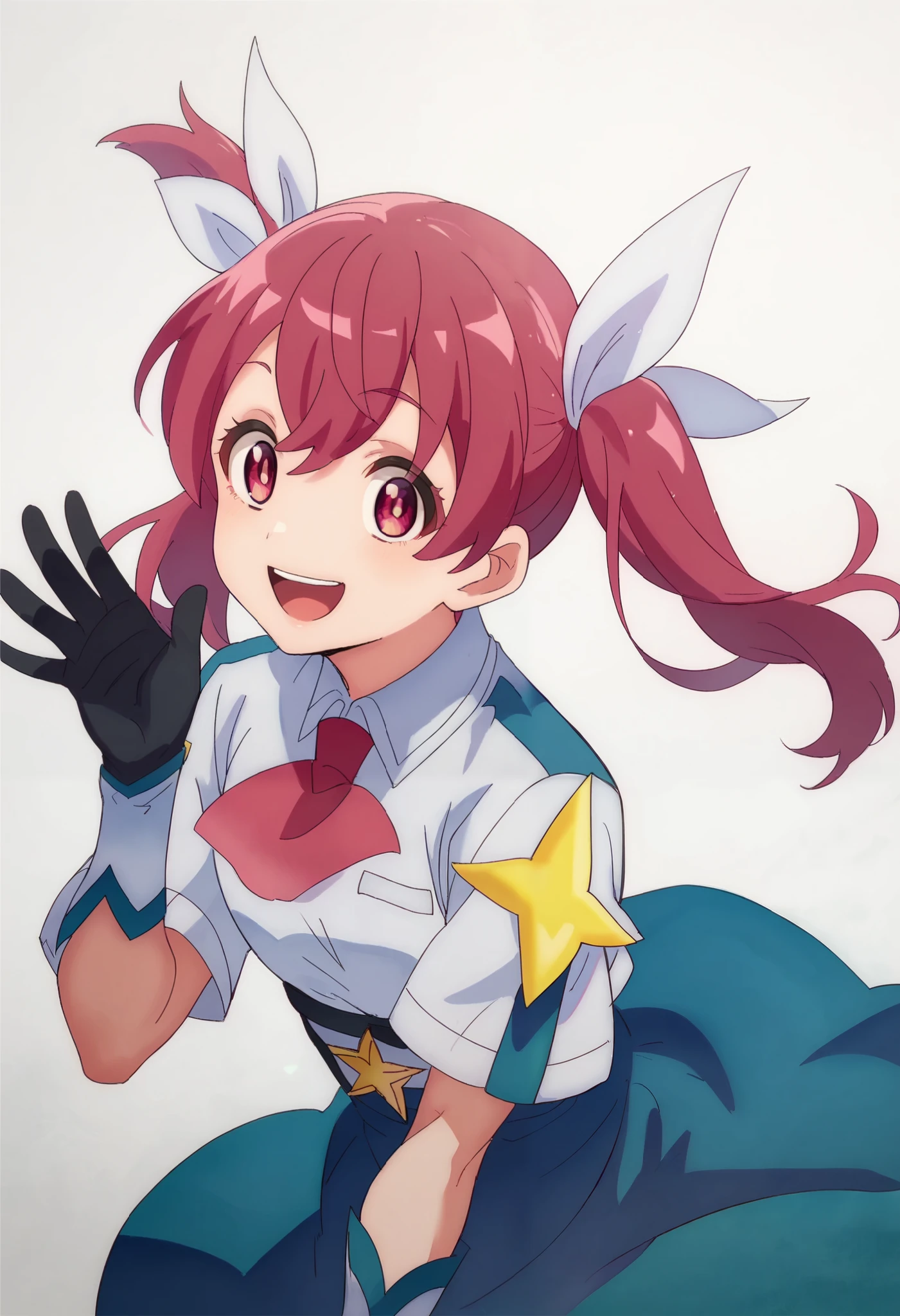 score_9_up,score_8_up,score_7_up,MCL_KS,twintails,solo,black gloves,smile,pink hair,pink eyes,hair ribbon,white short sleeve,blue skirt,white arm guard,waving,looking_at_viewer,white_background,simple_background,open mouth