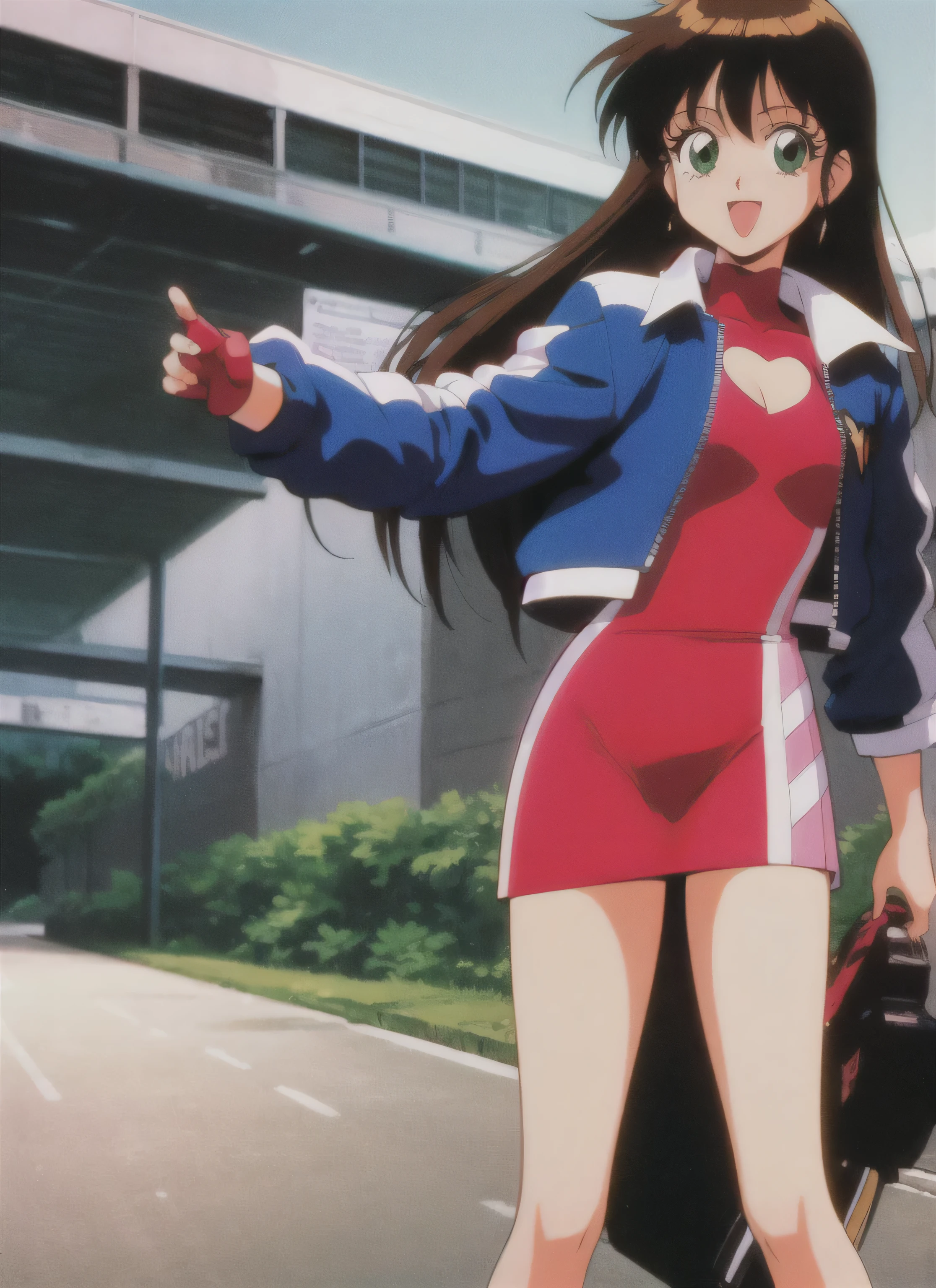asusugodr, 1girl, solo, heart, hair ornament, green eyes,mini jacket, dress, retro artstyle, open mouth, 1990s (style), looking at viewer, smile, outdoors, sky, cowboy shot, cleavage cutout, race queen 