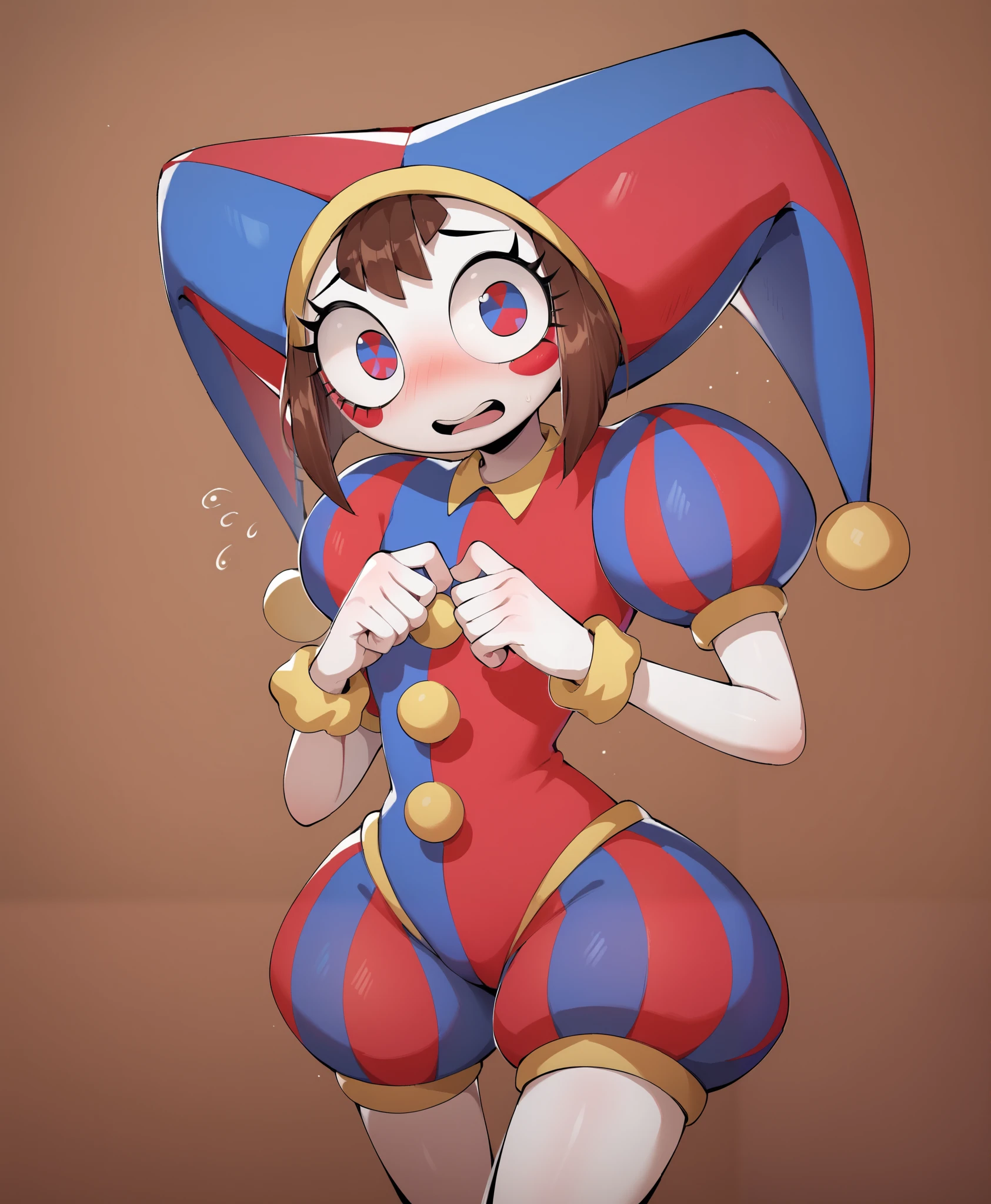 ((pomni)), ((the amazing digital circus)), ((masterpiece)), ((high resolution)), ((cartoon style)), ((solo portrait)), {(petite figure), (white skin), (cute eyes), (short eyelashes), (short brown hair), (nervous look)}, {(jester costume)}, {(standing), (looking at viewer)}, ((cartoon background))