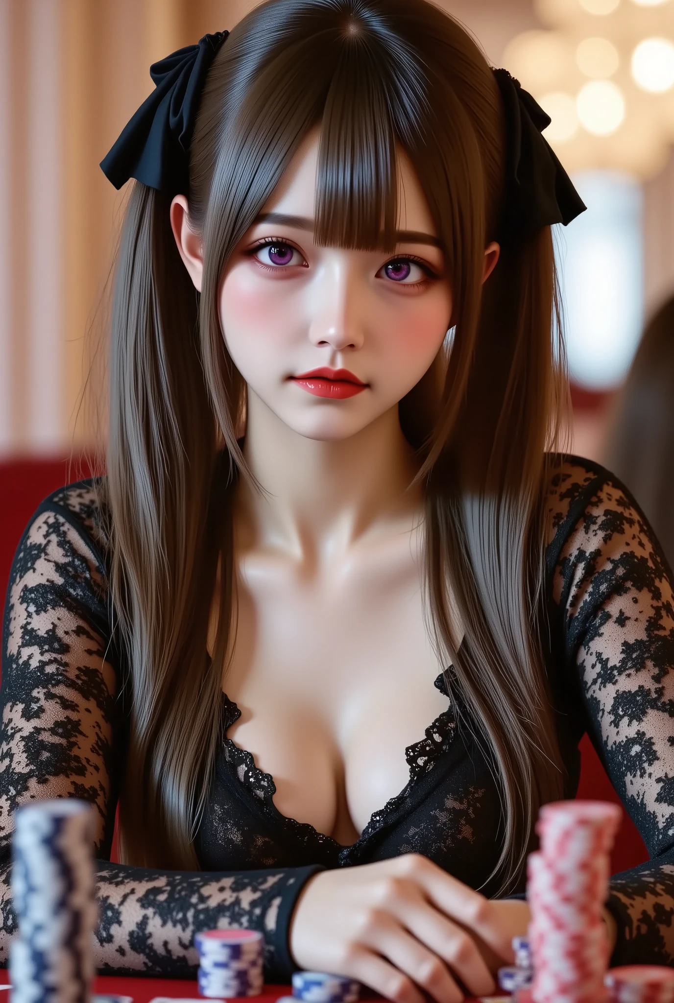 A beautiful girl at a casino card table, playing poker with a stack of chips, her black hair in a braid, wearing a playboy bunny outfit, looking directly at the viewer with her vibrant purple eyes, intricate iris details, sitting on a stool, (best quality,4k,8k,highres,masterpiece:1.2),ultra-detailed,(realistic,photorealistic,photo-realistic:1.37),HDR,UHD,studio lighting,ultra-fine painting,sharp focus,physically-based rendering,extreme detail description,professional,vivid colors,bokeh,portraits,chiaroscuro