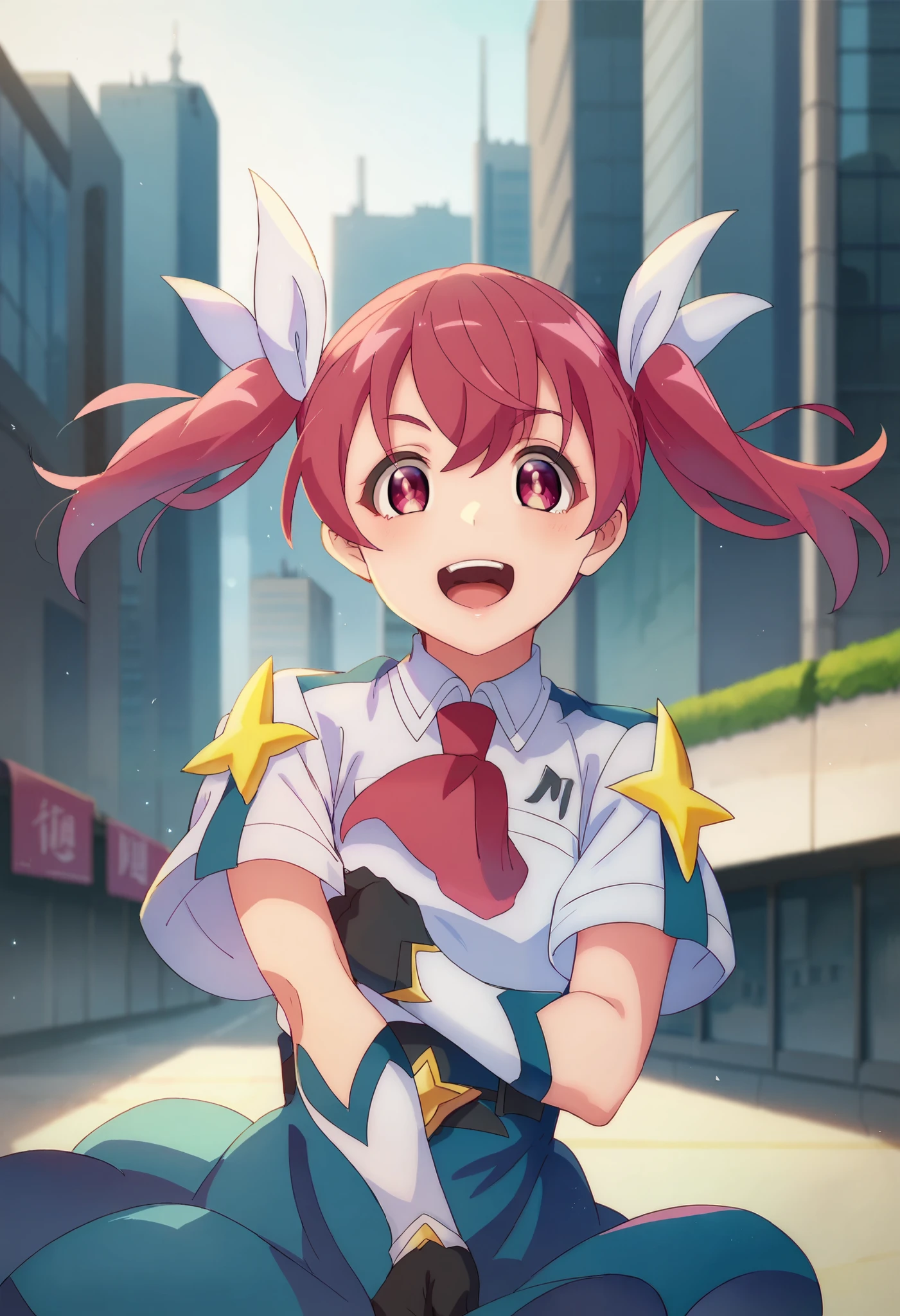 score_9_up, score_8_up, score_7_up, MCL_KS, Twin tails, Solo, Black gloves, Smiling, Pink hair, Pink eyes, Hair ribbon, White short sleeves, Blue skirt, Upskirt , White arm guards, Looking at viewer, Mouth open, Cityscape of buildings