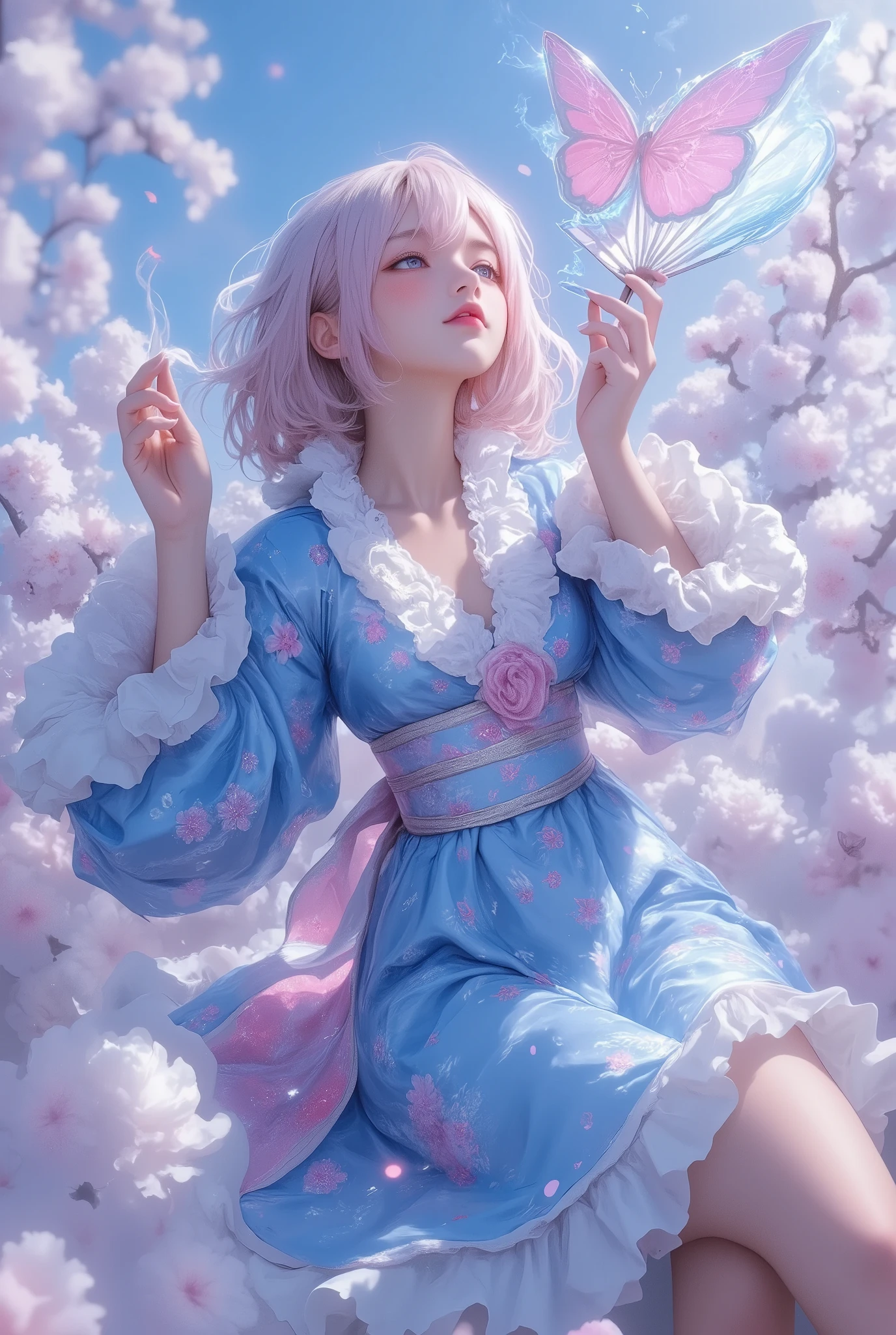 masterpiece, Highest quality,Floating in the sky, One girl, saigyouji yuyuko, trk,Pink Hair, Have, alone, 手fan, Triangular headpiece, butterfly, cherry blossoms, kimono, bug, Mob Cap, kimono, short hair, Long sleeve, Pink Eyes, fan, Wide sleeves, blue kimono, smile, Holding fan, hitodama, Holding, Frills, sash, flowerびら, Ghost, branch, Blue hat, ribbon, chest, heart, blue bow, bow, Mouth closed, dress, Hair between the eyes, Raise your hand, blue ribbon, blue dress, Wavy Hair, Blurred, medium chest, frilled kimono, View your viewers, sleeve garter, Veil, From the side, bangs, Foldable fan, Medium Hair, flower, wood, neck ribbon, Red eyes, Depth of written boundary, Frills袖, flower柄プリント, Are standing, light smile, look up