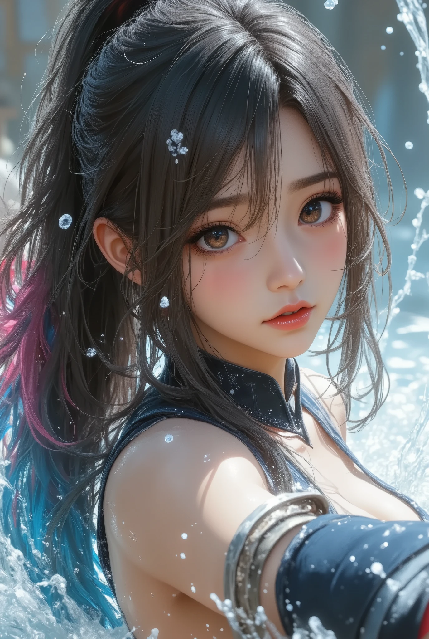 A girl in a fighting pose,trk, with dynamic and chaotic movements, attacking with water, wet hair and clothes, water splashing behind her, multicolored hair blowing in the wind, detailed facial features, masterpiece, best quality, photorealistic, ultra-detailed, physically-based rendering, vivid colors, studio lighting