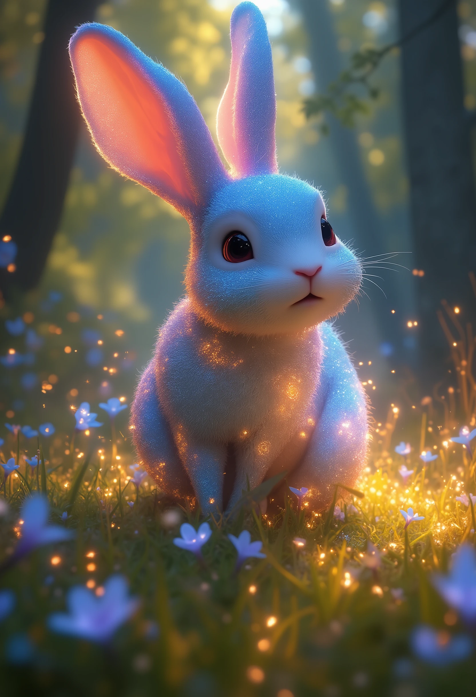 There is a white rabbit sitting in the grass with flowers - SeaArt AI