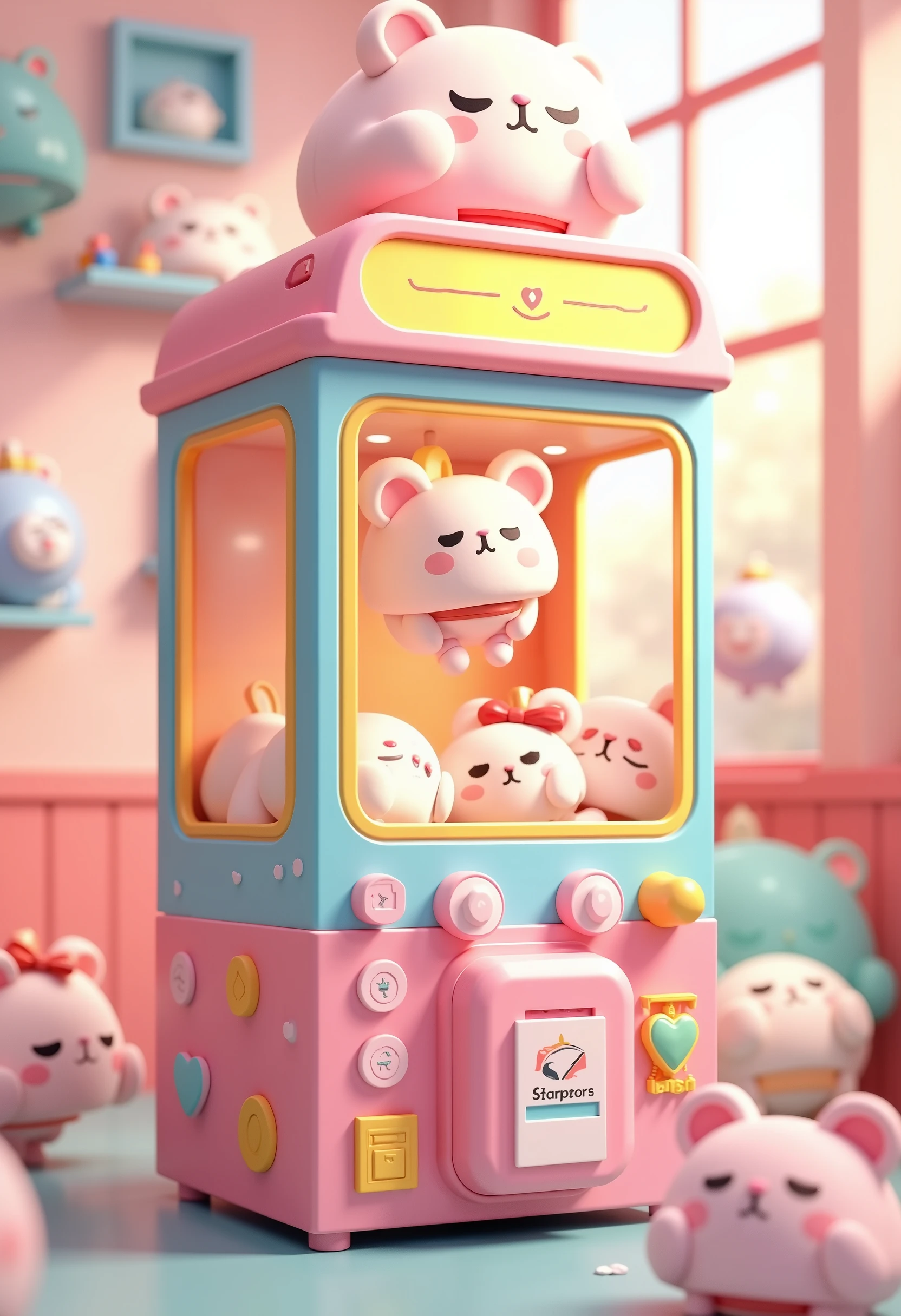 trk,masterpiece, best quality, ultra-detailed, pastel colors, soft and cute aesthetic, kawaii style, claw machine filled with fluffy and adorable plush toys, bear-shaped and cloud-shaped plushies, vibrant and cheerful atmosphere, claw grabbing one of the plush toys, a red bow on one of the toys, light and playful mood, soft lighting, cartoonish and rounded characters, smooth shading, bright and colorful arcade machine with pink and yellow accents, dynamic and lively composition, cute expressions on the plush toys, playful and fun