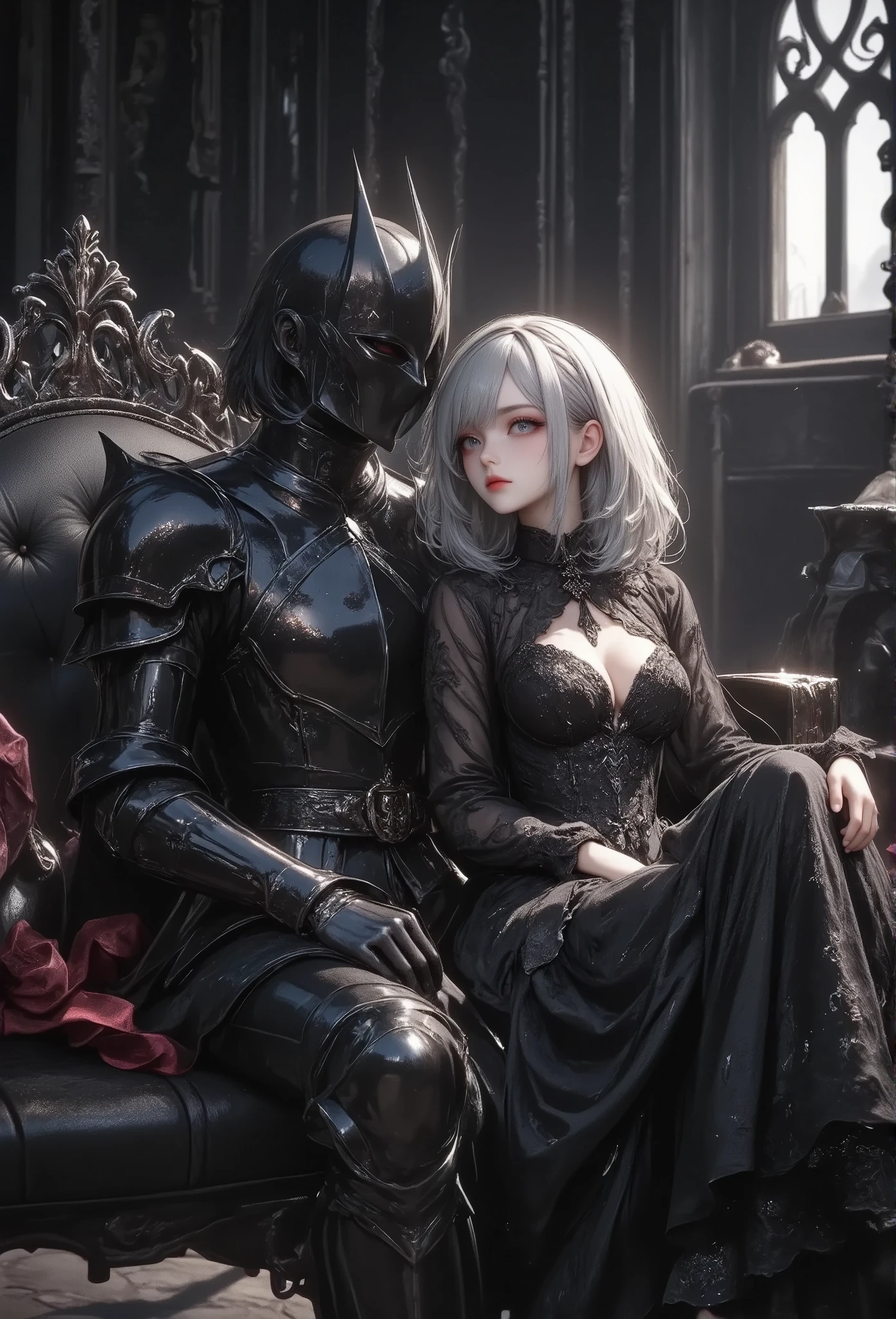 masterpiece, best quality, 8k, highres, ultra-detailed, HDR, UHD, studio lighting, ultra-fine painting, sharp focus, physically-based rendering, extreme detail description, professional, vivid colors, bokeh, portraits,BREAK, a beautiful gothic ta girl,trk, 1girl and dark gothic knight, sitting alone on a black sofa, wearing a detailed black dress with white lace, surreal, high resolution, extremely detailed, most detailed, red lips, baroque, intricate, cinematic lighting, dramatic composition, rich textures, vivid colors, photorealistic, "goth girls" style