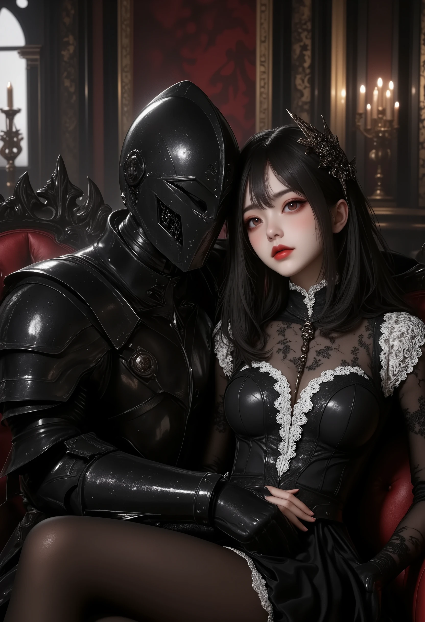 masterpiece, best quality, 8k, highres, ultra-detailed, HDR, UHD, studio lighting, ultra-fine painting, sharp focus, physically-based rendering, extreme detail description, professional, vivid colors, bokeh, portraits,BREAK, a beautiful gothic ta girl,trk, 1girl and dark gothic knight, sitting alone on a black sofa, wearing a detailed black dress with white lace, surreal, high resolution, extremely detailed, most detailed, red lips, baroque, intricate, cinematic lighting, dramatic composition, rich textures, vivid colors, photorealistic, "goth girls" style