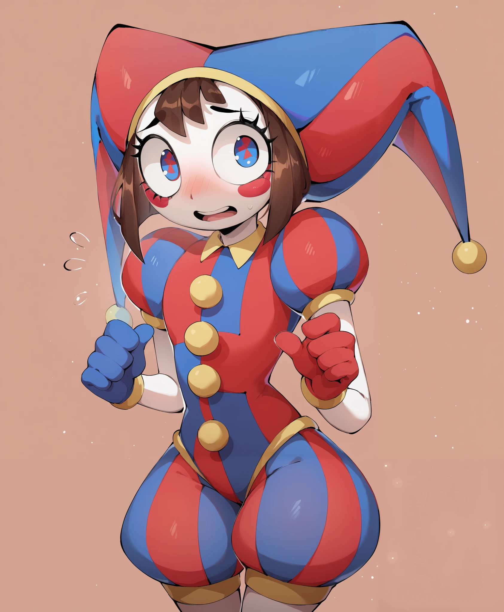 ((pomni)), ((the amazing digital circus)), ((masterpiece)), ((high resolution)), ((cartoon style)), ((solo portrait)), {(petite figure), (white skin), (cute eyes), (short eyelashes), (short brown hair), (nervous look)}, {(jester costume)}, {(standing), (looking at viewer)}, ((cartoon background))