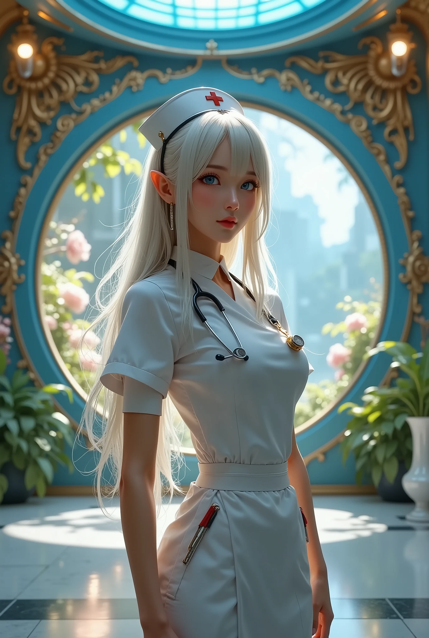 Spaceship examination room, 8k resolution, masterpiece, Highest quality, Award-winning works, unrealistic, solo sexy female nurse, healthy body, Age 25, White wavy long hair, hair band, , , Nurse uniforms with complex structure, nurse cap, Stethoscope, elegant, Very detailed, Digital Painting, artステーション, コンセプトart, Smooth, Sharp focus, shape, artジャム、Greg Rutkowski、Alphonse Mucha、William Adolphe Bouguereau、art：Stephanie Law , Magnificent hospital background, Royal Jewel, nature, Full Shot, Symmetric, Greg Rutkowski, Charlie Bowwater, beep, Unreal 5, Surreal, Dynamic Lighting, ファンタジーart, Complex colors, Colorful magic circle, flash,  Dynamic sexy pose,  , Hospital room, 