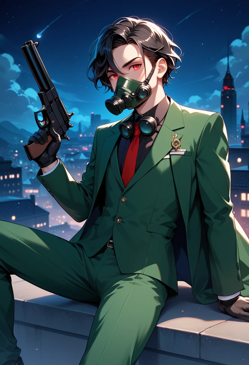 A 18-yr young man, wavy black hair, red eyes, villain, gas mask, slender, wearing a green suit, black gloves, holding a gun, sitting spread leg,  on the rooftop at night