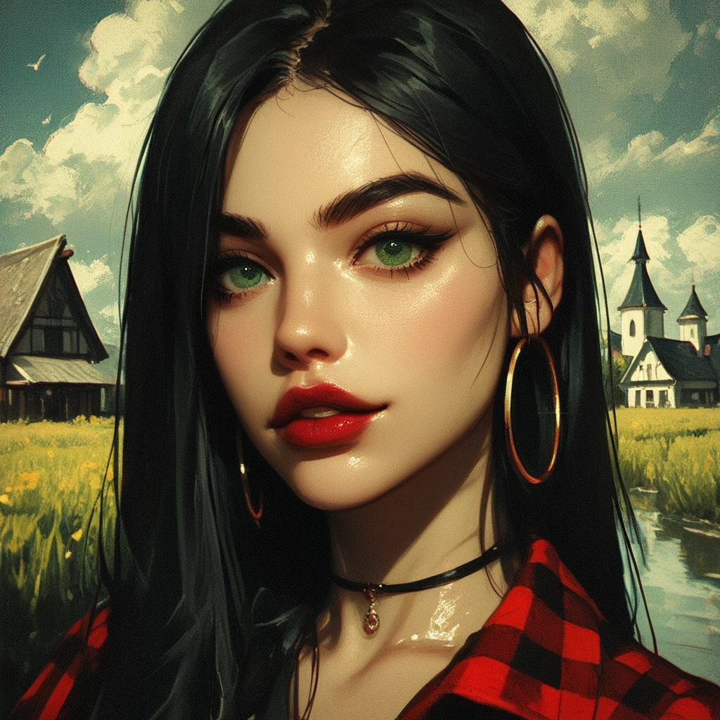 black hair, long straight hair, green eyes, arched eyebrows, red lips, country chic, country clothes, country clothes, hoop earrings, best quality, 1girl, portrait, face, wicked, add village in the background Aesthetic photography. photo with noise. oil painting. 