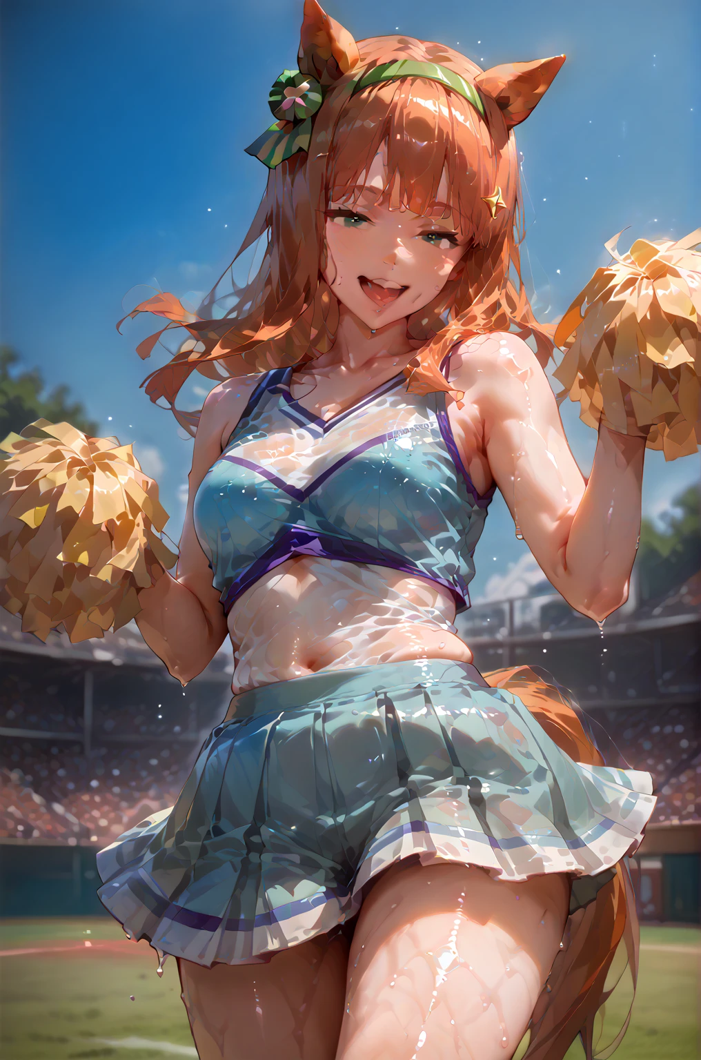 1 girl, solo, silence suzuka \(umamusume\), cheerleader, pom pom \(cheerleading\), pleated skirt, best quality, laugh, good anatomy, masterpiece, shiny, shiny skin, shiny outfit, wet clothes, wet skin, dynamic pose