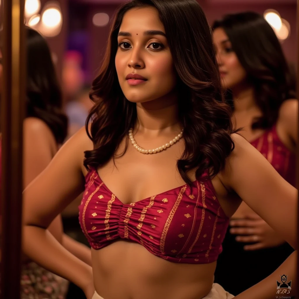 A woman should look beautiful in a saree, look at camera, at the background with name "SIMRAN" written in marquee bulb light effects with Instagram logo in behind her, hyper detailed, painting, 8k