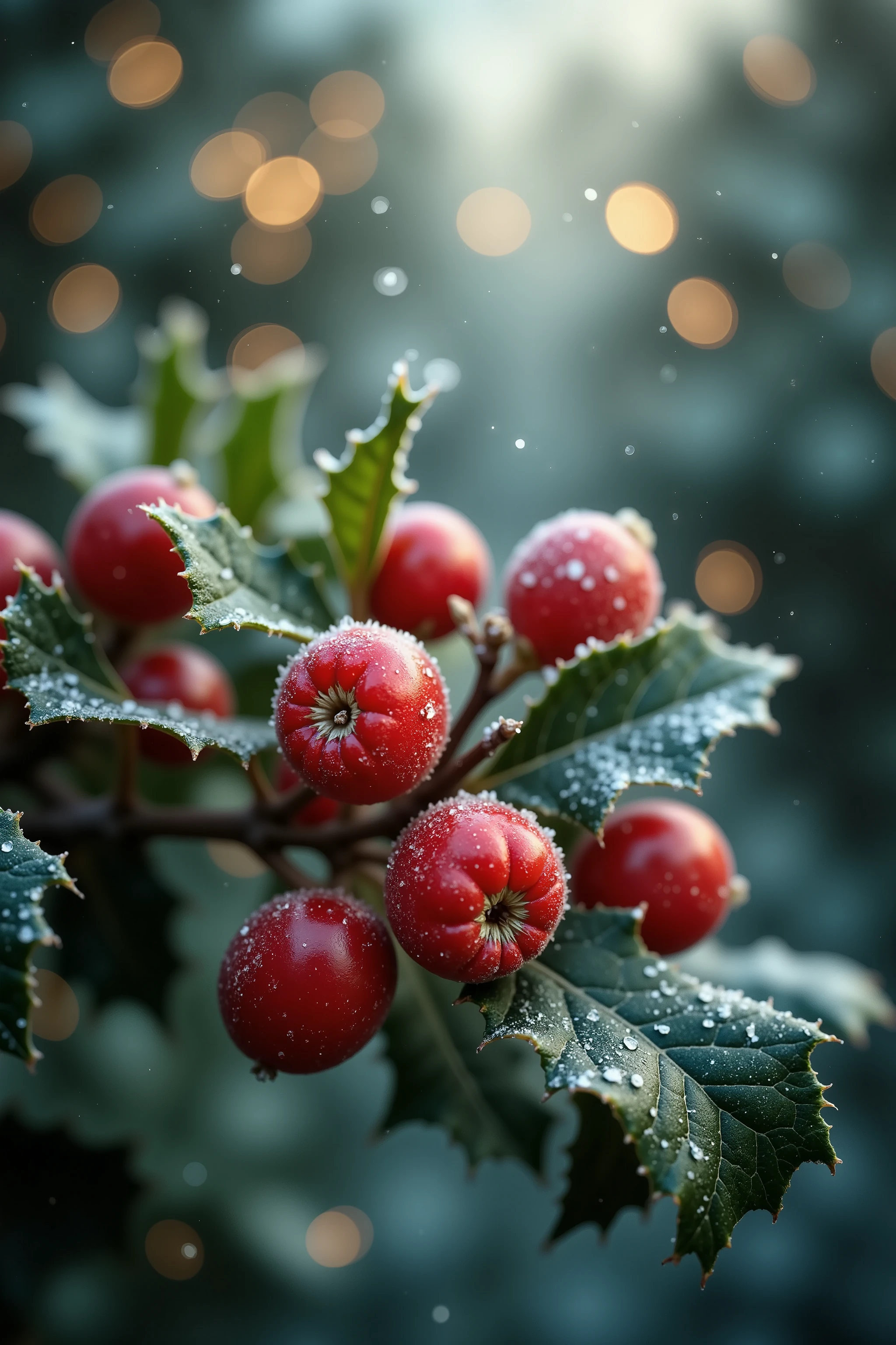 Create a hyper-realistic macro photography artwork of frozen holly berries on branches, showcasing their vibrant red hues and frost-kissed surfaces in exquisite detail. Focus on a small cluster of plump, glossy holly berries with their natural, curved surfaces partially encased in delicate, translucent ice crystals. The frost appears intricate and sharp, clinging to the berries and the edges of the holly leaves, forming tiny, crystalline patterns that sparkle subtly in the light.

The deep green holly leaves feature sharp, pointed edges with a slightly waxy texture that reflects faint light. Fine frost particles dust the leaves, creating a beautiful contrast against their dark green tones. Tiny water droplets, frozen mid-drip, hang delicately from the berries and branches, enhancing the sense of a fresh freeze.

The softly blurred background fades into a dreamy, wintry bokeh with cool whites, icy silvers, and soft greens, evoking a serene, frosted atmosphere. Scattered light sparkles and faint snowflakes drift gently in the air, catching the light to create a subtle shimmer that complements the scene's wintry charm.

The overall composition balances sharp, hyper-detailed foreground elements—frost-covered berries and leaves—with the smooth, glowing background, creating a visually rich and festive macro shot. The mood should feel serene, crisp, and unmistakably wintry, celebrating the natural elegance of frozen holly berries as a symbol of the holiday season.