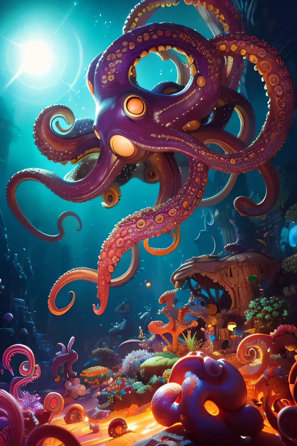 A giant psychedelic octopus on the seabed along with thousands of psychedelic eye mushrooms, and several psychedelic turtles illustrating astral travel more drawn bad trip and eyes on mushrooms less realistic cartoon octopus