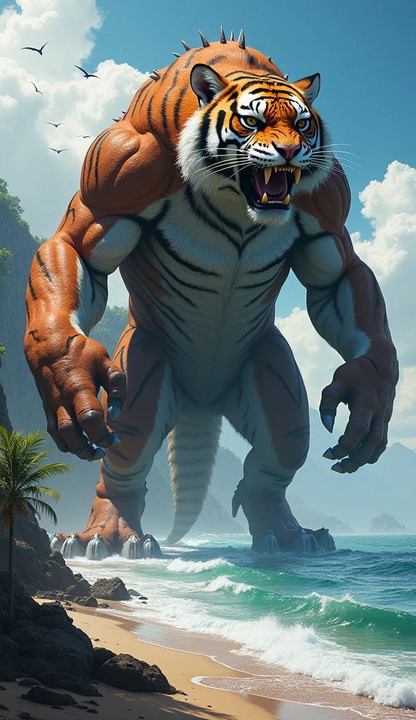 Male tiger、Shaggy fur、Jumping pose in the sky、Sandy beach background、Sharp claws on the toes、developed back muscles、Backwards pose、Very developed butt muscles、Full body tiger fur、Completely naked、Unusually large muscles、Long body hair、Very long and profuse armpit hair、Thick tiger tail