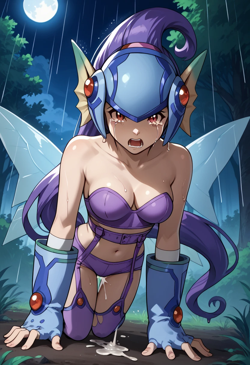 Wolfie, solo, cowboy shot, blue hair, white skin, smiling, leather pant, spiral, breast, yellow eyes, ears, earrings, spike caller, (best quality, perfect quality, masterpiece, insanely detailed, beautiful detailed) forest