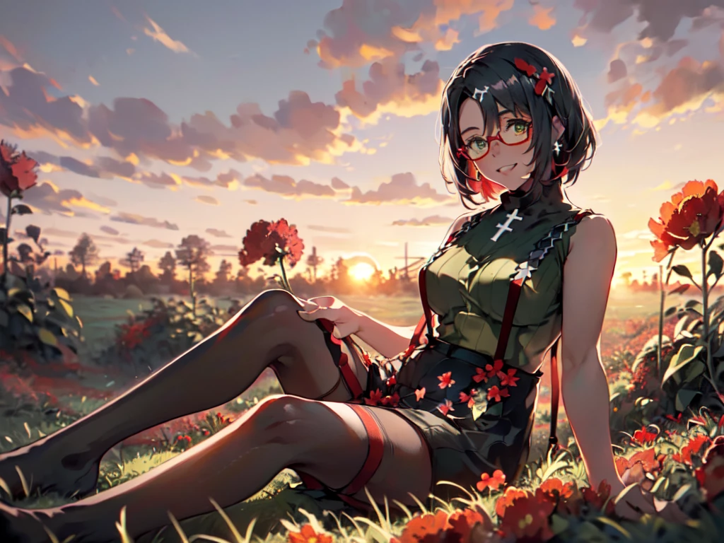 (Solo:2), (One young woman:2), (Small buttocks, small breasts, thin legs, large face), (Emphasis on breasts), (Silver hair, human ears, earrings, rimless glasses), floral hair accessory, earrings, (Sitting cross-legged:2), (Looking at camera), (Smiling with teeth showing), (Collared T-shirt), (Vertical cable knit sweater), (Long skirt with slits), (Suspenders, stockings:2), (Grassland surrounded by lots of red flowers:2), (Sunset:2), (Focus on neck), (Accurate body structure, Accurate hand structure, Accurate finger structure, Highest quality, High resolution, 8K, High quality, Detailed, Delicate, Detailed)