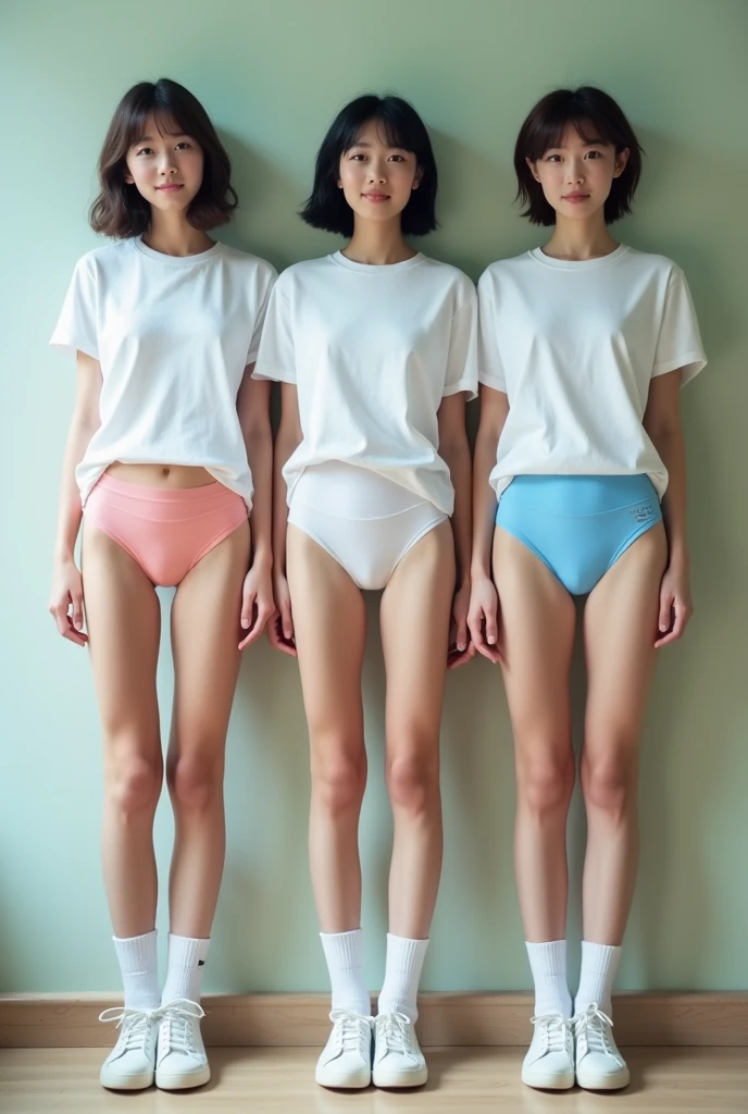 2 barefoot women standing in their panties, tank top, hot face