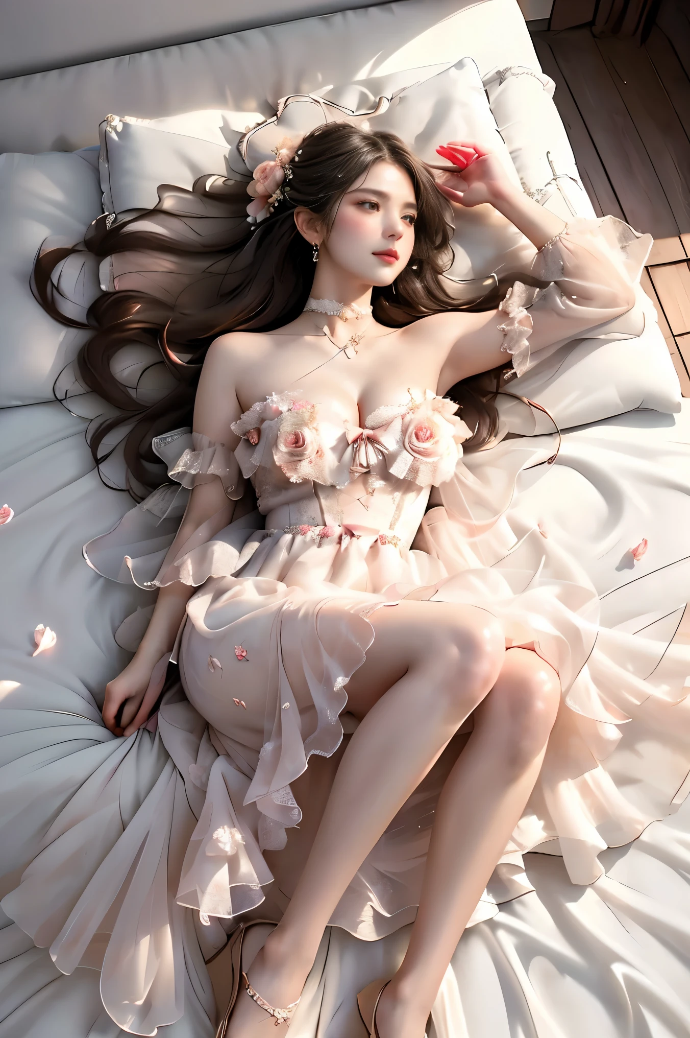 dress bow,layered dress,choker,butterfly wings,hair flower,long dress, ,, (full body:1.4),(photorealistic:1.4), beautiful young woman, sitting on edge of bed, (Full bust, visible cleavage, very short hemline), (A lot of scattered rose petals, petals flying in the air), (legs naturally extended:1.2), (knees pointing upward:1.2), relaxed leg pose, feet flat on floor, leaning back, supporting body with elbows, looking up at camera, (top down angle:1.3), romantic classical style, scattered rose petals, soft ambient lighting, (detailed facial features:1.2), smooth skin, delicate expression, (detailed fabric texture:1.2), (intricate shadows and highlights:1.3), detailed leg muscle definition,  natural skin texture, shallow depth of field, professional photography, 8k uhd, masterpiece quality