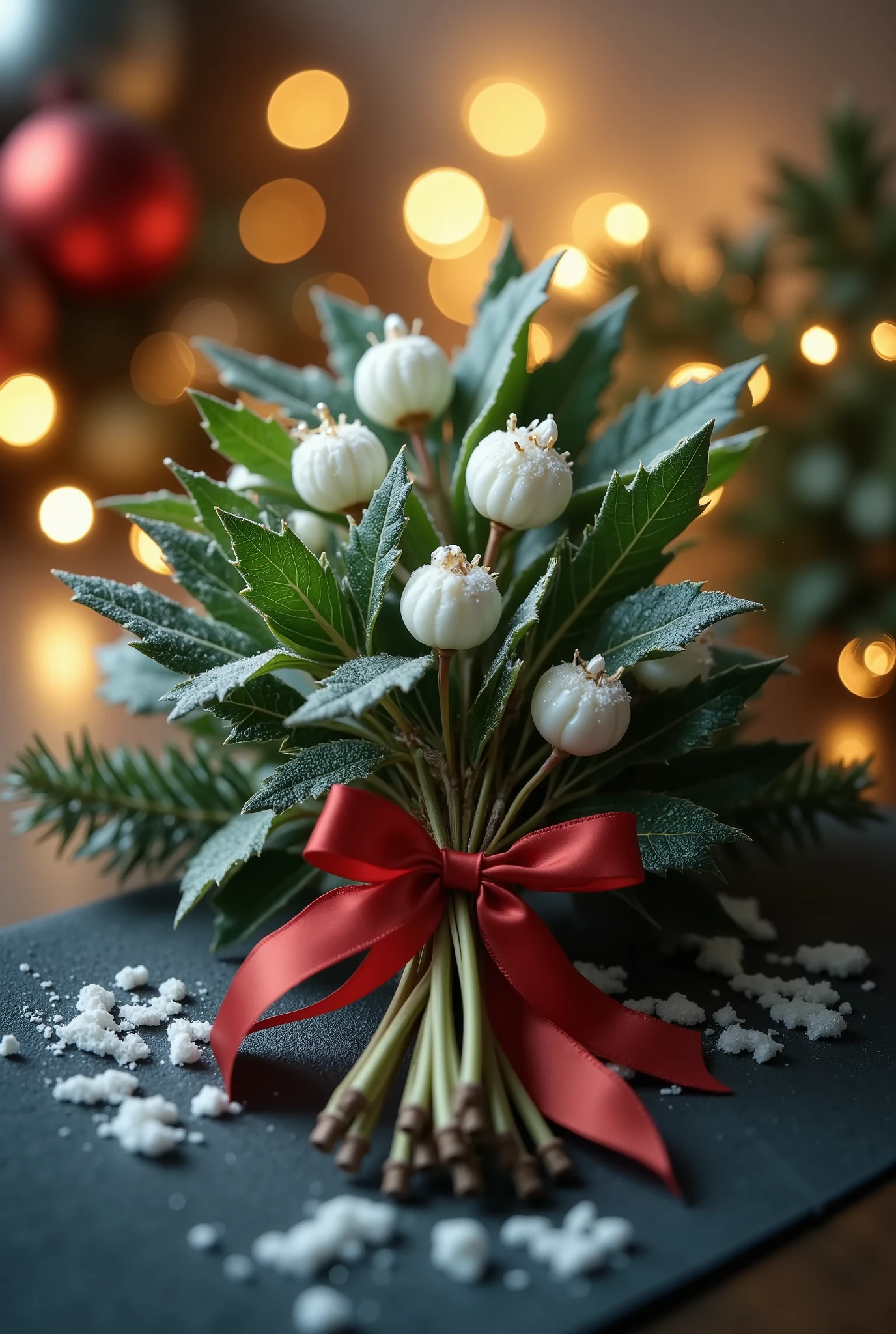 Create a hyper-realistic macro photography artwork of a mistletoe branch arranged as an elegant Christmas ornament. The mistletoe features lush, vibrant green leaves with delicate veins and glossy, pearl-like white berries that reflect soft ambient light. The leaves and berries are intricately dusted with a fine layer of frost, where tiny, crystalline ice particles cling to their edges, adding a wintry texture.

The mistletoe is carefully tied with a silky red ribbon fashioned into a neat, flowing bow at its base. The ribbon has a soft, reflective surface with faint light glimmers, and its vibrant red hue contrasts beautifully with the cool greens and frosty whites of the mistletoe. A thin, golden string extends upward, suggesting it’s suspended as a festive decoration.

The background fades into a smooth, dreamy bokeh of warm, glowing holiday lights—soft golden orbs interspersed with muted silvers, greens, and whites. Gentle sparkles of light scatter softly through the scene, enhancing the magical and festive Christmas atmosphere. Subtle snowfall particles float in the air, catching the light and adding depth to the composition.

The composition focuses on the intricate details of the mistletoe ornament in the foreground, capturing its textures, frost-kissed surfaces, and festive embellishments with razor-sharp clarity. The overall mood is serene, elegant, and distinctly Christmas-themed, celebrating the natural beauty of mistletoe as a timeless holiday symbol.