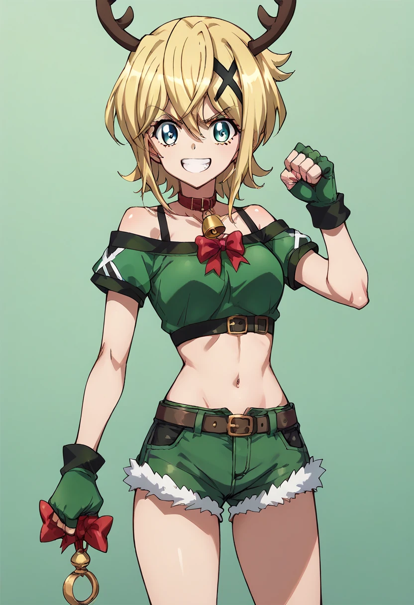 Akatsuki Kirika,big smile, fist pump,simple green christmas costume,Booty shorts