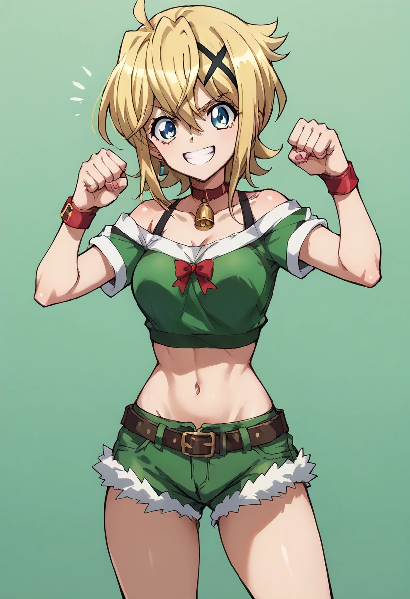 Akatsuki Kirika,big smile, fist pump,simple green christmas costume,Booty shorts