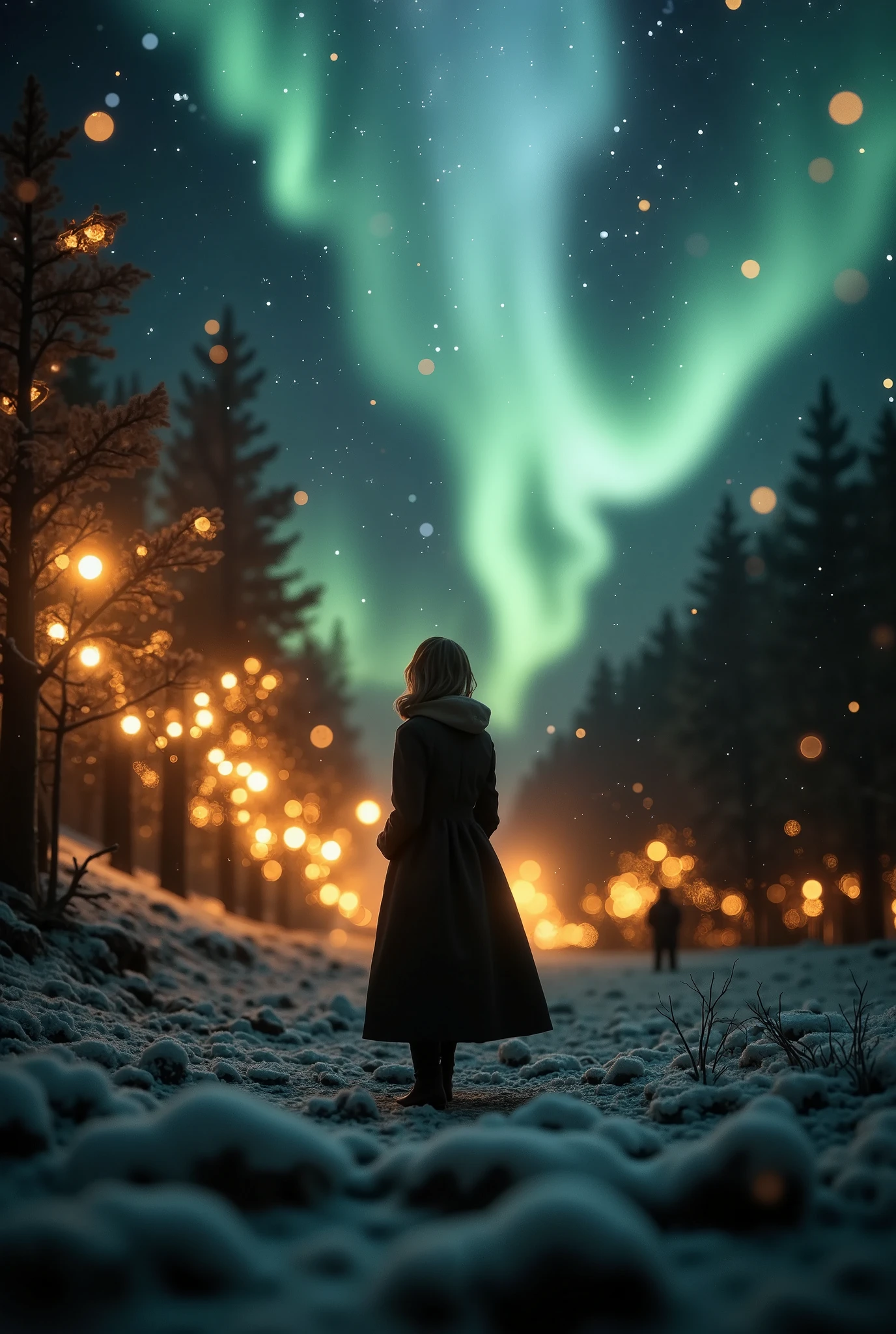 ((Masterpiece in maximum 16K resolution):1.6), ((soft_color_photography):1.5), ((Ultra-Detailed):1.4), ((Movie-like still images and dynamic angles):1.3) | (double contact:1.3), Beautiful glowing snowflake silhouette effect, Superimposed on Pretty Female《snowy winter field under an aurora sky》Agnes Cecile, Jeremy Mann, Oil and ink on canvas, fine art, super dramatic light, photoillustration, amazing depth, the ultra-detailed, iridescent icy blue and emerald green, shimmering auroras dancing in the background, superfluous dreams, intricately detailed, amazing depth, Amazing atmosphere, Mesmerizing whimsical vibrant winter landscapes, Maximalism (beautiful outside, cold yet enchanting inside, joy and frost, warmth and mystery, beauty and wonder, stillness and movement, positive and negative, ice and fire, serene yet exhilarating, Vibrant yet tranquil, Perfect harmony, light and shadows, frost and glow, old and young, silence and auroras, Yin and yang, black and white, frost and warmth, organic and ethereal, Corresponding color, quiet yet powerful, Chaos and peace, night and stars:1.2). The complex masterpiece of a real-time engineering leader. | Rendered in ultra-high definition with UHD and retina quality, this masterpiece ensures anatomical correctness and textured skin with super detail. The snowy field is bordered by a magical mistletoe forest adorned with frost-kissed berries and glimmering lights, while soft snow blankets the ground. In the distance, the sky glows with vivid auroras in shades of green, blue, and purple, casting an enchanting light over the field. This award-winning portrayal captures every nuance in stunning 16k resolution, immersing viewers in a breathtaking winter wonderland. | ((perfect_composition, perfect_design, perfect_layout, perfect_detail, ultra_detailed)), ((enhance_all, fix_everything)), More Detail, Enhance.
