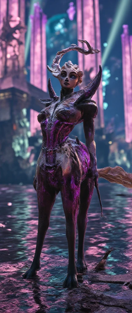 (Realistic:1.5) purple dress demon horns breasts gradient background holding weapon demon wings fish on side outdoors breasts bald realistic lips giantess  <lora:EdobFireAlienSoul_v1.0:0.8>