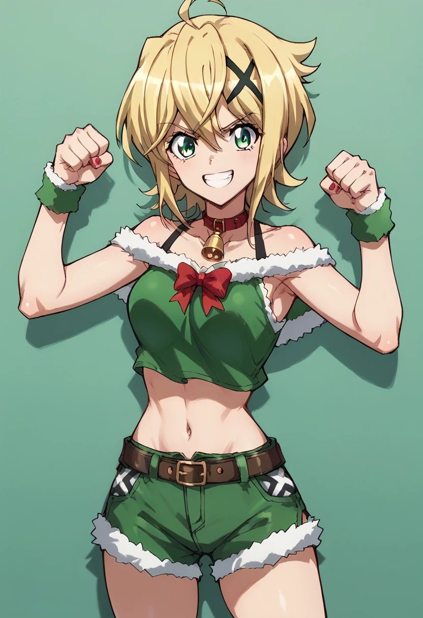 Akatsuki Kirika,smile, fist pump,simple green&red christmas costume,Booty shorts