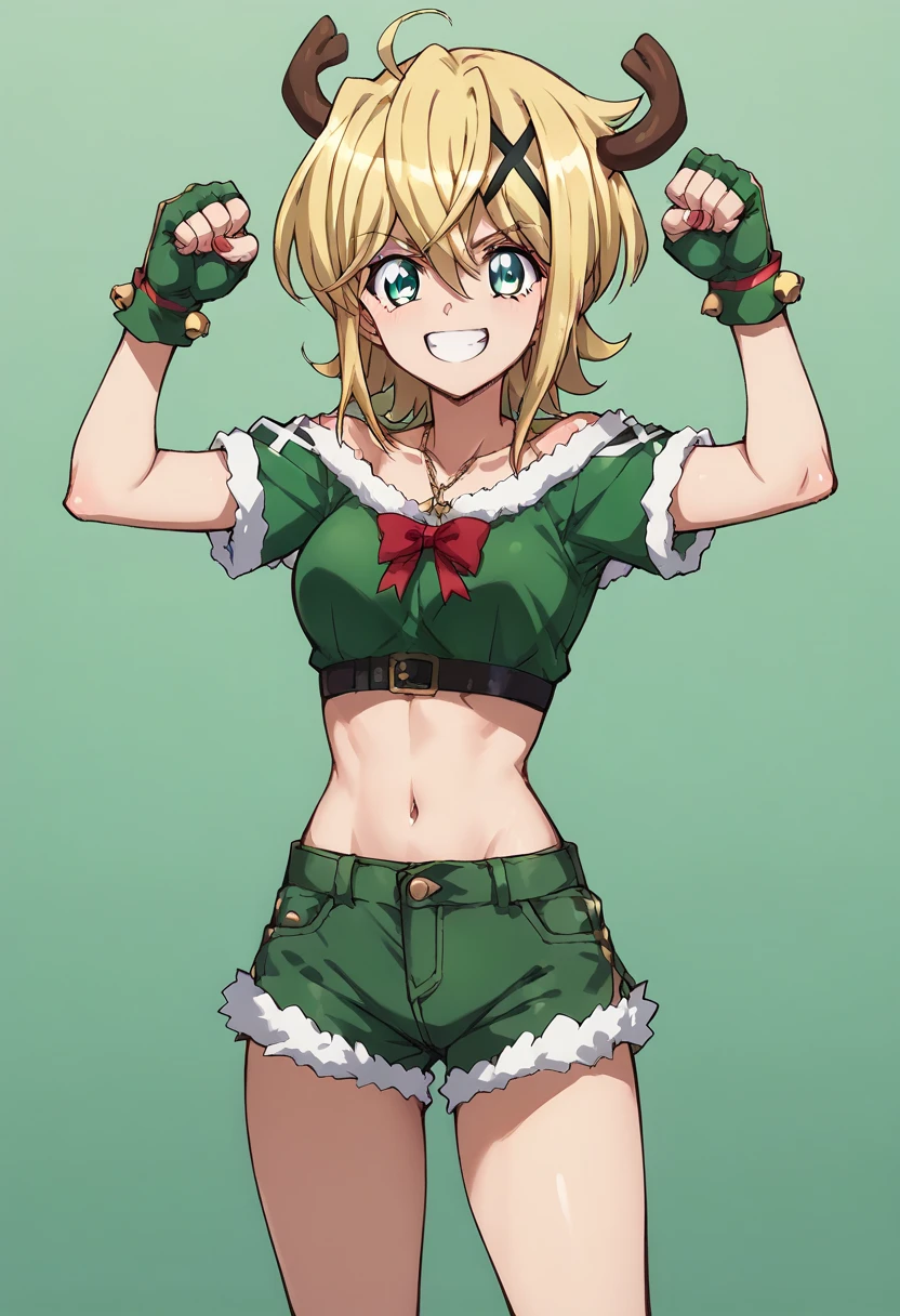 Akatsuki Kirika,smile, fist pump,simple green&red christmas costume,Booty shorts