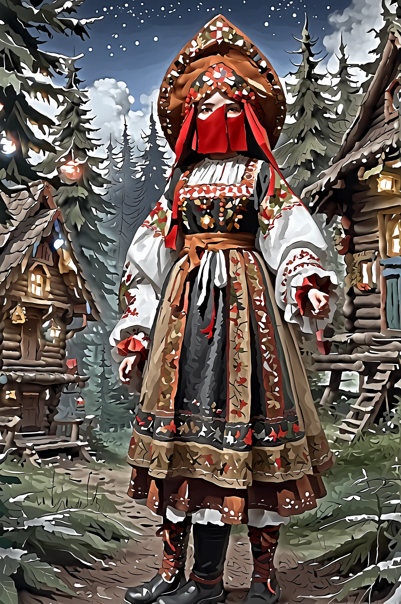 ( extremely detailed : 1.5), ИДЕАЛЬНЫЙ РЕНДЕР OCTANE UNREAL ENGINE5 GLOSSING GLOWING BLIKS глянцевая сцена,
 Girl in Russian national costume .  Redhead with two braids .  Long ultra-smooth shiny hair, ribbons, bows, knee-length ,   facing the viewer , (((smile))), русский sundress,   Standing and looking at the camera  . on knees,   long braid  ,   thick braid on shoulder  ,   braid with ribbon  ,  Kokoshnik , (((в зелёном словянском sundressе))),   Slavic national clothes ,  ((( Kokoshnik ))), sundress, Embroidery, monists ,   in an embroidered shirt .
the forest,  christmas trees , сосновые trees, Ale, thickets, flowers, branches , Baba Yaga, (((Slavic fantasy))), (((Bilibin ))) в стиле Bilibin а.   Wooden architecture .
  Many elements and details . 
Terrain:
Spruce forest,  christmas trees , thickets, Ale, fly agarics , twilight, ( wandering lights1  .5), the forest, the forestная поляна, stones, Bushes, flowers, branches , leaves, (trees1 .5), grass, Mushrooms, Shine, magic,  Particles of light, ((( fireflies1  .5))), Shimmering,   on the horizon moon , clouds,  starry sky on socks , Mountains, the forest, trees, Hut.
(((  Detailed background1 .5))) ( top quality , 8 k,  high resolution,  masterpiece fails:1.2),  ultradetailed , ( realistic, photo realistic, photo,  realistic:1.37), HDR,  studio lighting ,  sharp focus ,  physical-based visualization ,  extremely detailed description ,  professional, bright colors, hips, perfect pose,  perfect anatomy , perfect hands.  PERFECT HAIR WITH SILK SHINE .
