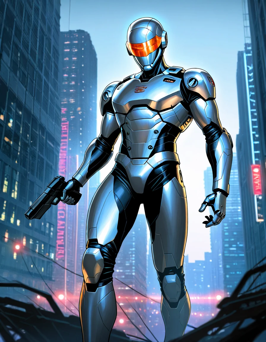 Robotic Guardian in a Futuristic Cityscape
